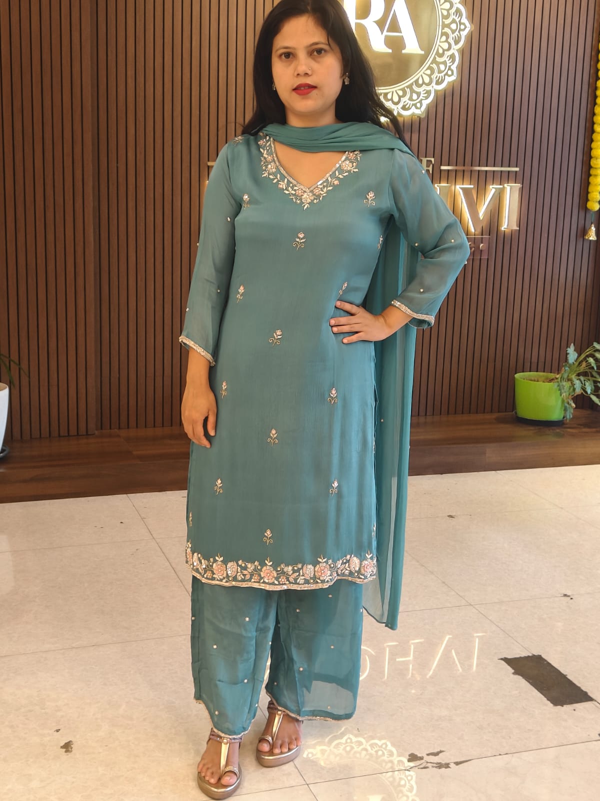 "Boomi" Sea Blue Designer Hand Embroidery Sharara party Kurtha set 301