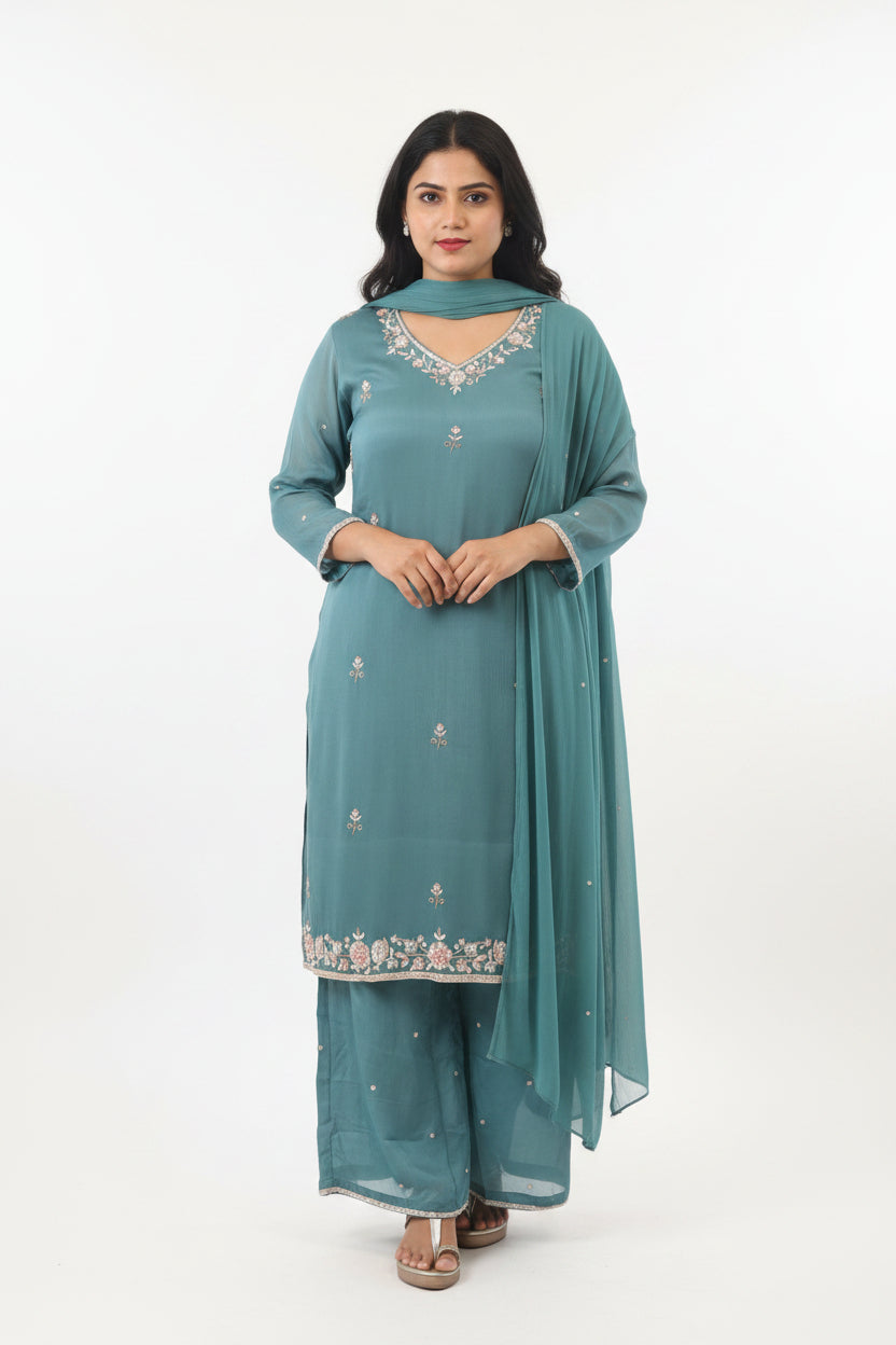 "Boomi" Sea Blue Designer Hand Embroidery Sharara party Kurtha set 301