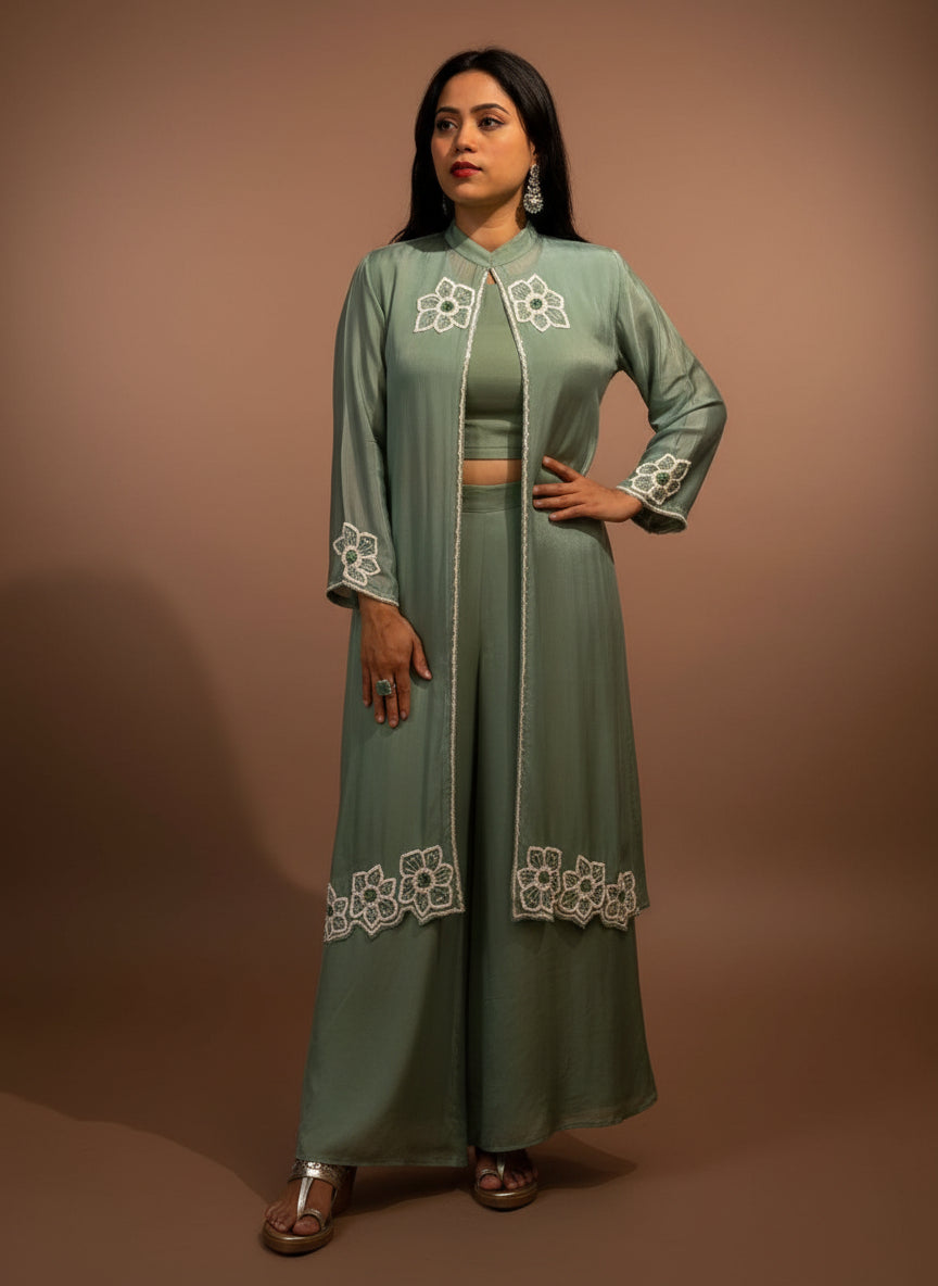 "PARI" Blue Designer Kurtha 43 Set with Handwork Top, Palazoo and Jacket Indo-western cape