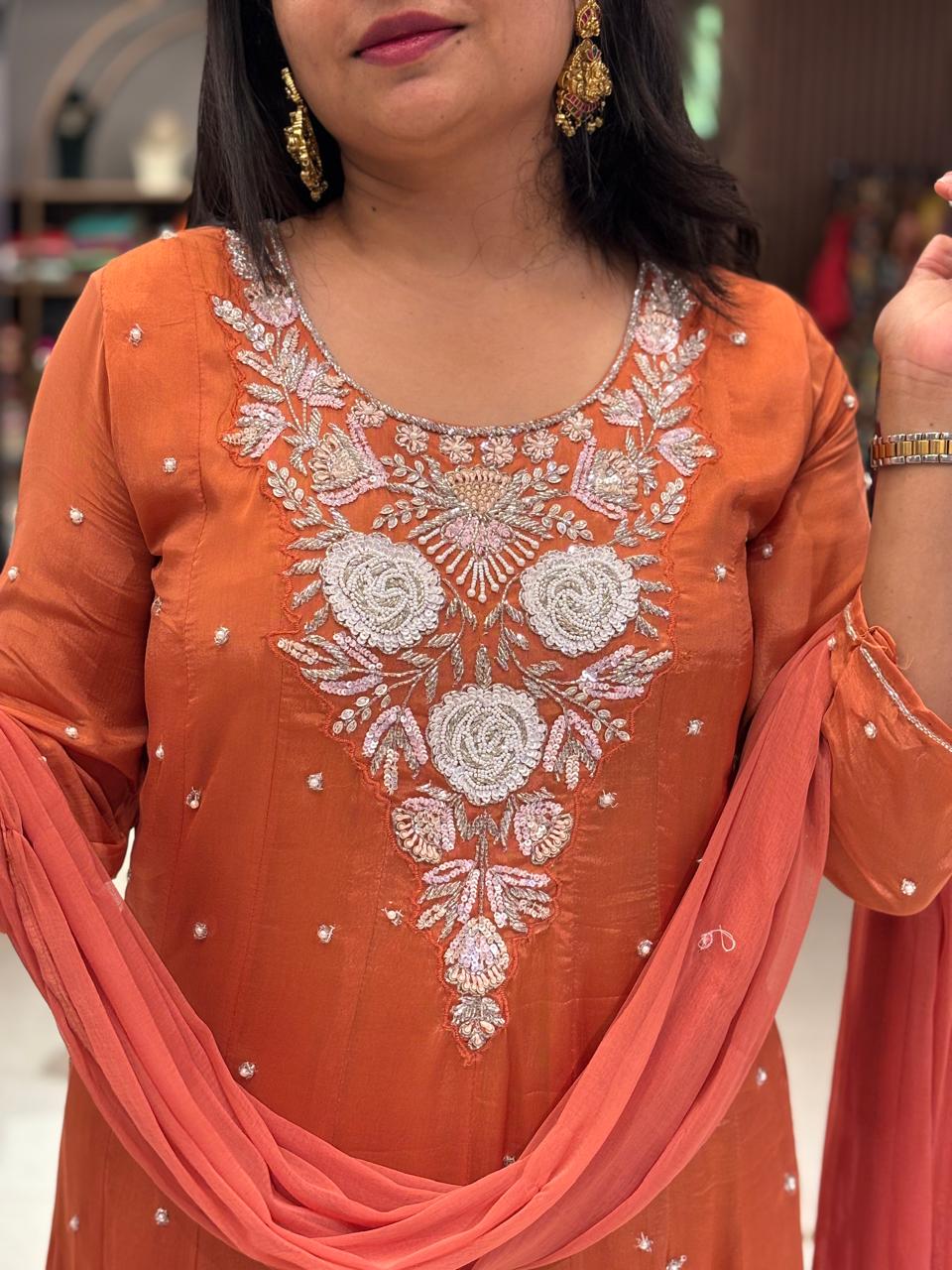 Orange Anarkali Chinnon Hand Embroidery Kurtha 567