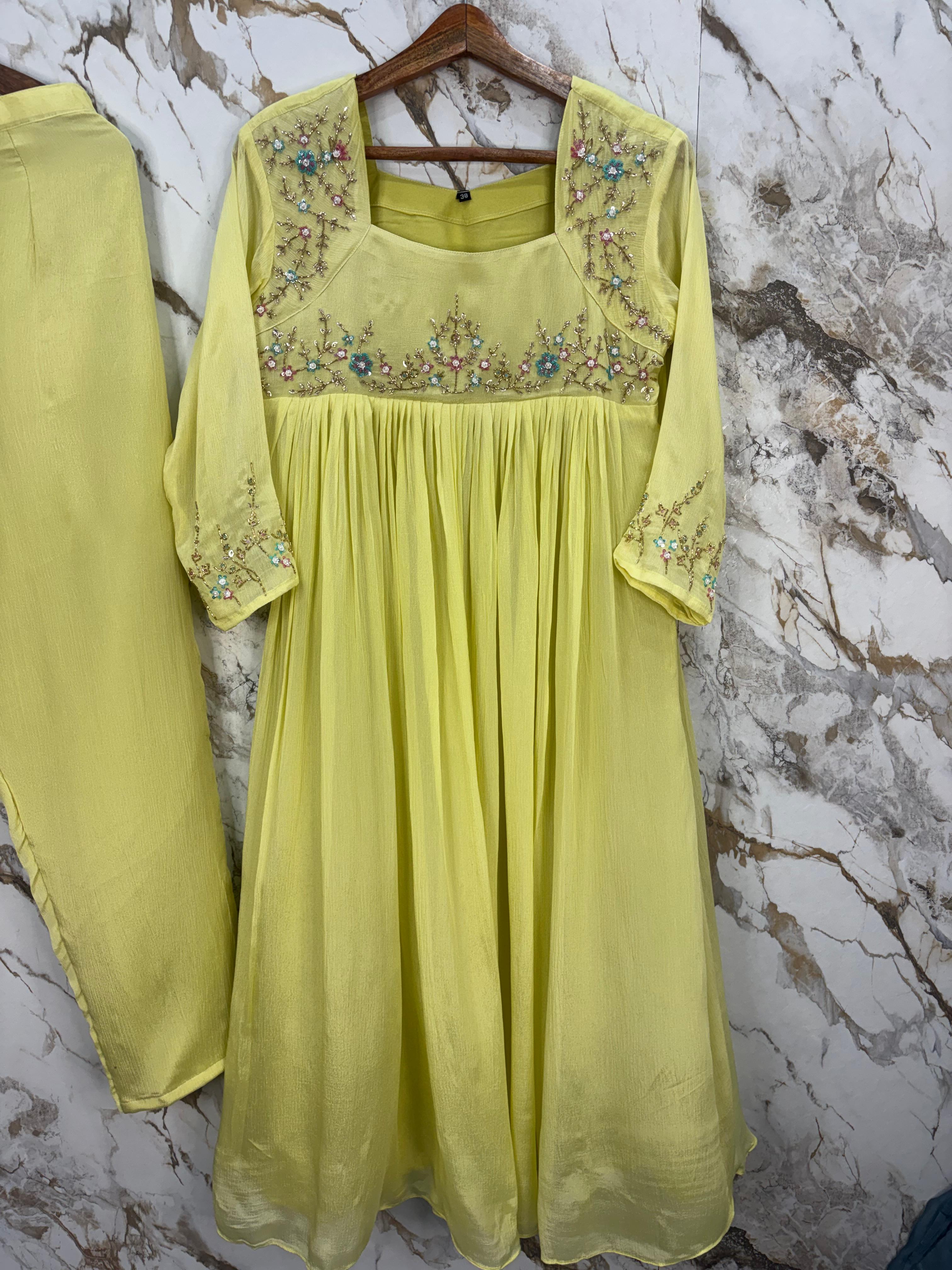 Pista Green Chinnon Thread Embroidery Airline Cord Set Kurtha