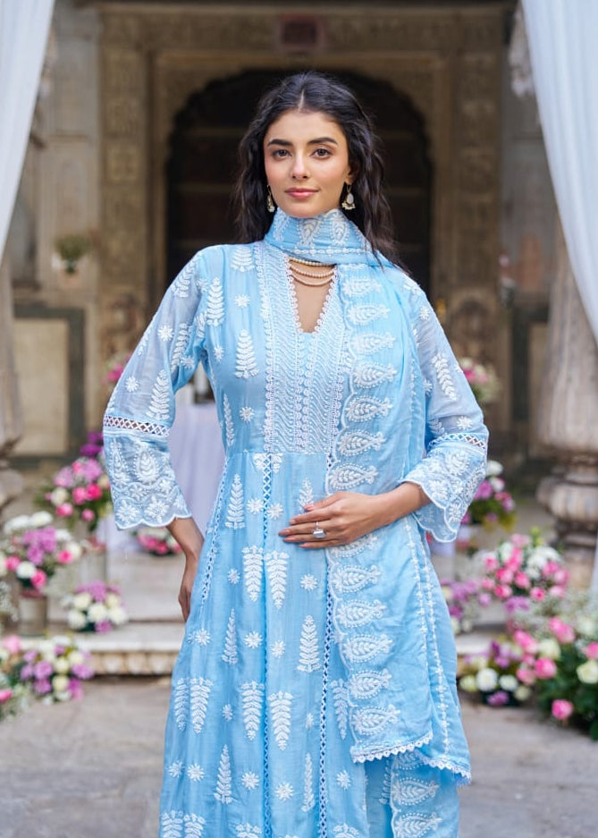 Sky Blue Cotton Hakkoba Work Anarkali Kurtha 459