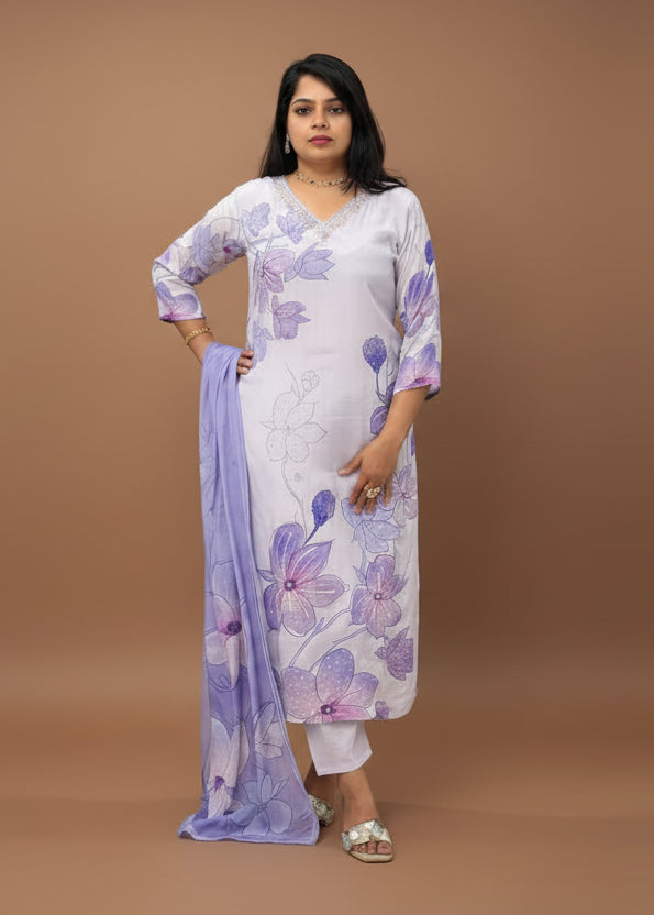 Purple Digital Print Handwork Crepe Kurtha 693