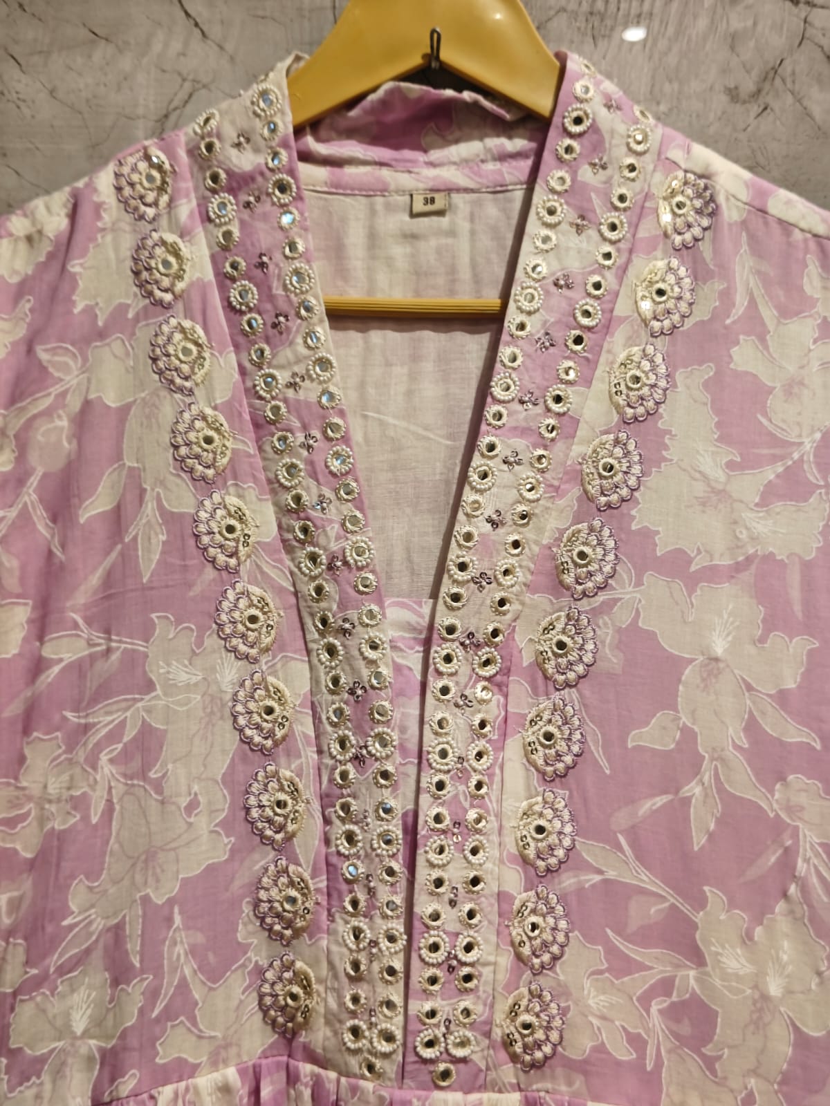 “Naya” Light Purple Mul Cotton 3pcs Kurtha suit with block prints and embroidery 242