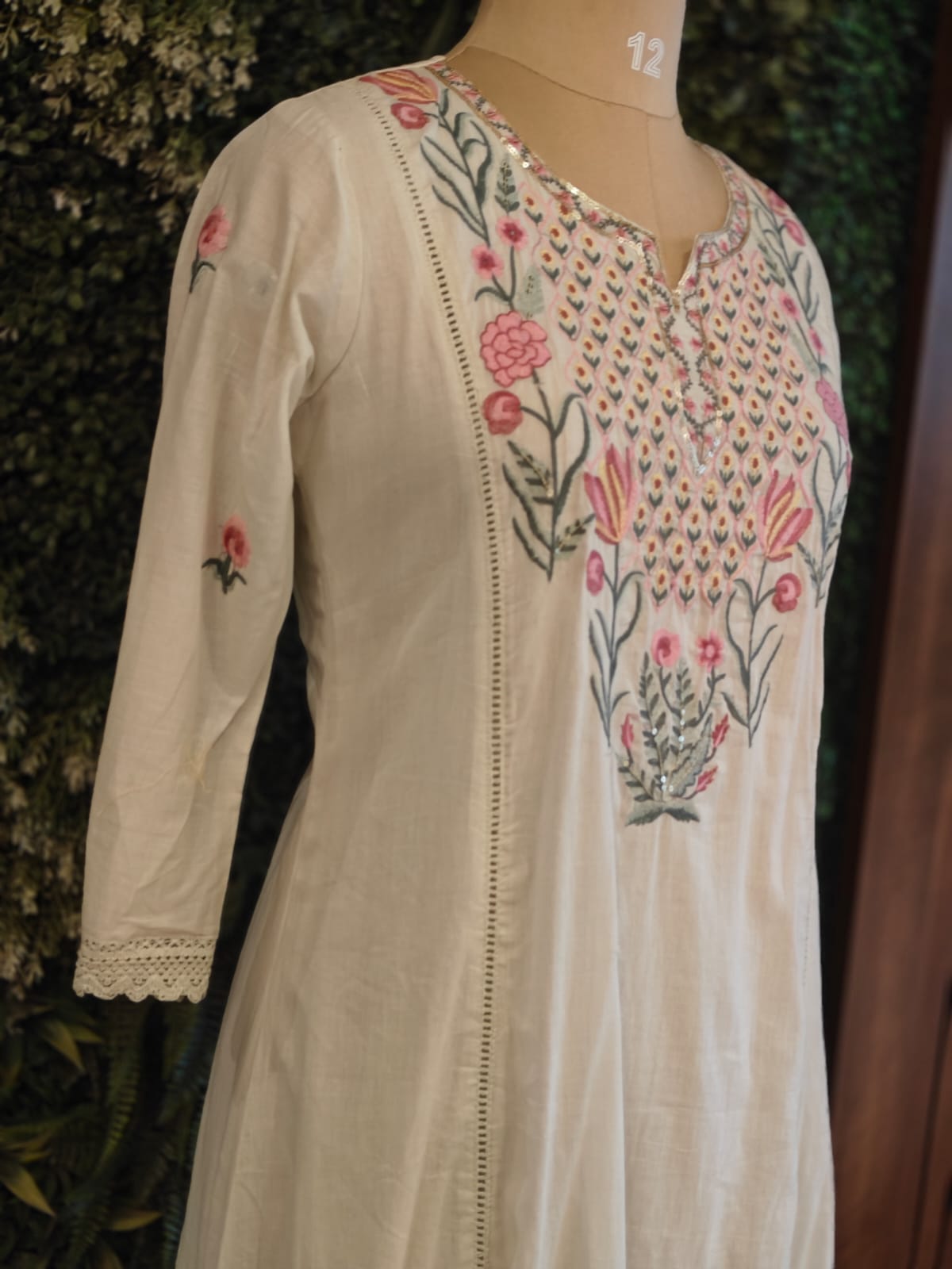 White Mul Cotton Hand Embroidery Anarkali Kurtha 203