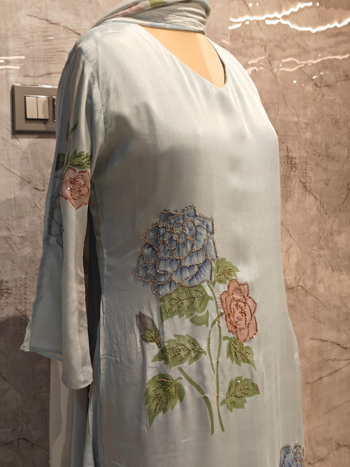 Sky Blue Crepe Airline Hand Embroidery Kurtha 765