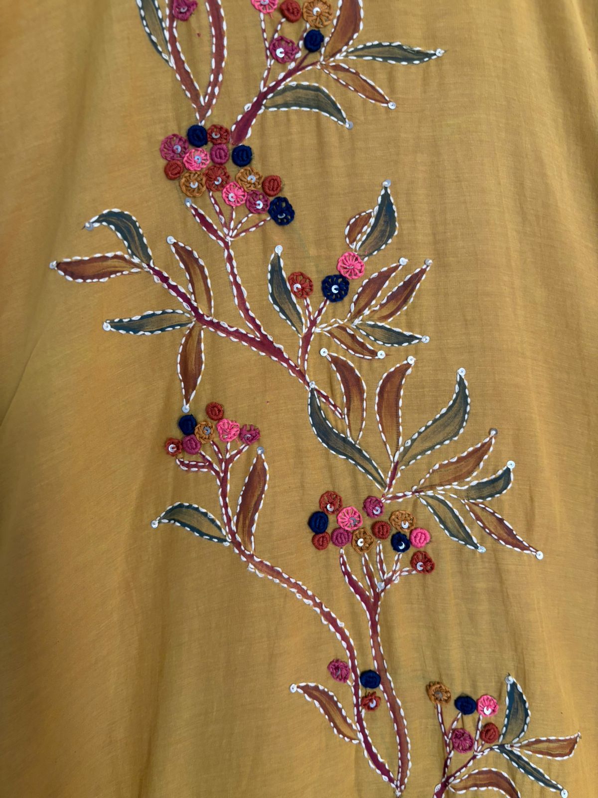 Yellow Mul Chanderi Thread Embroidery Airline Kurtha 483