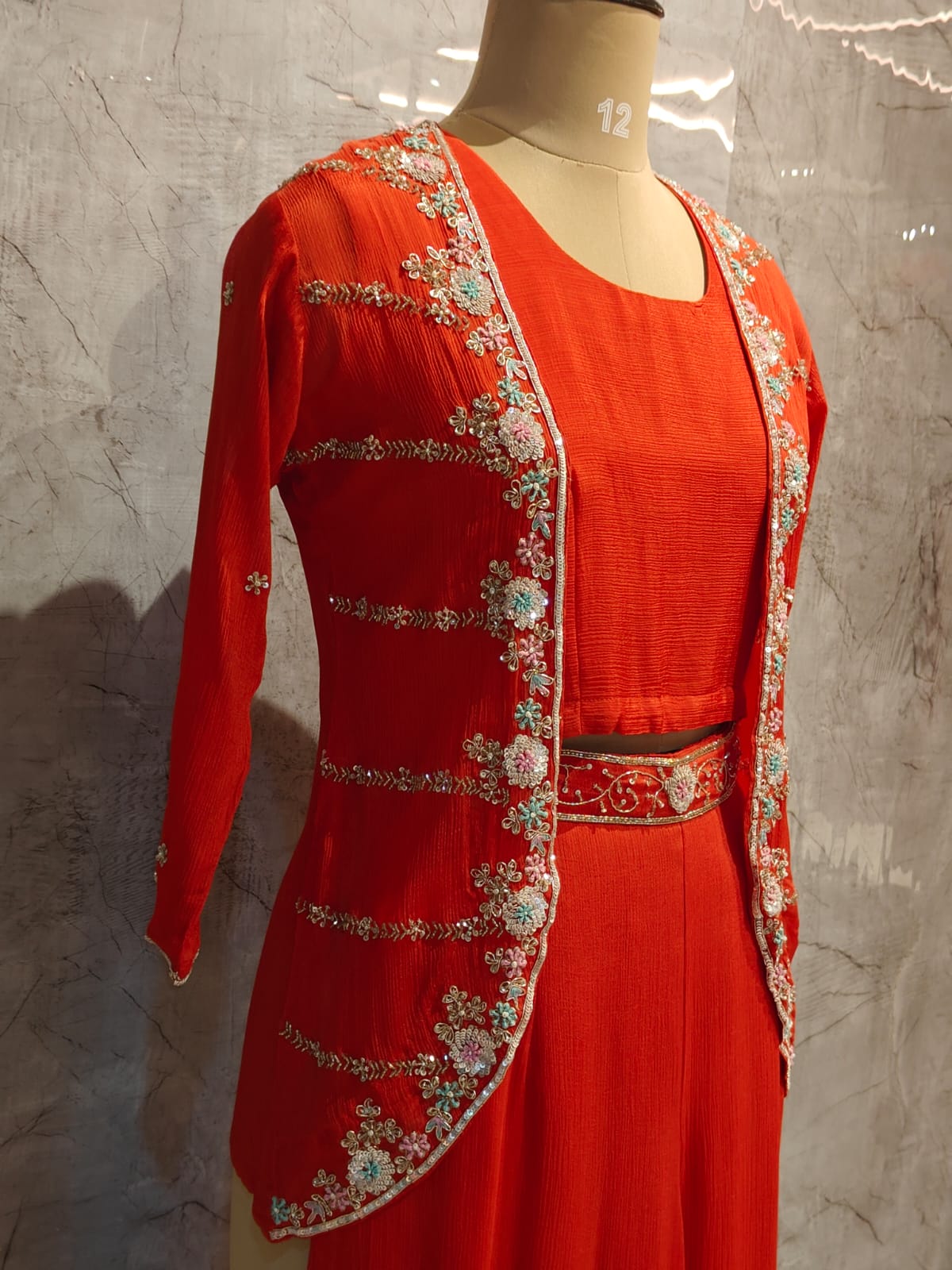 “Pari" Orange Designer Kurtha 43 Set with Handwork Top, Palazzo and Jacket Indo-western