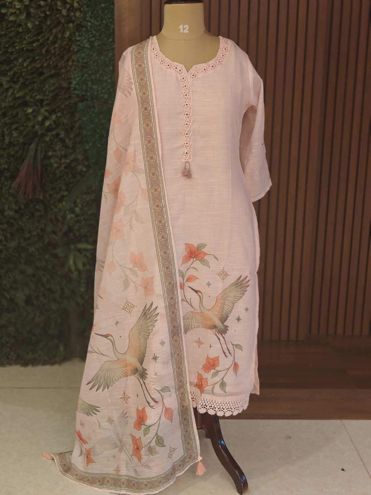 Baby Pink Linen Straight Fit Handwork Kurtha