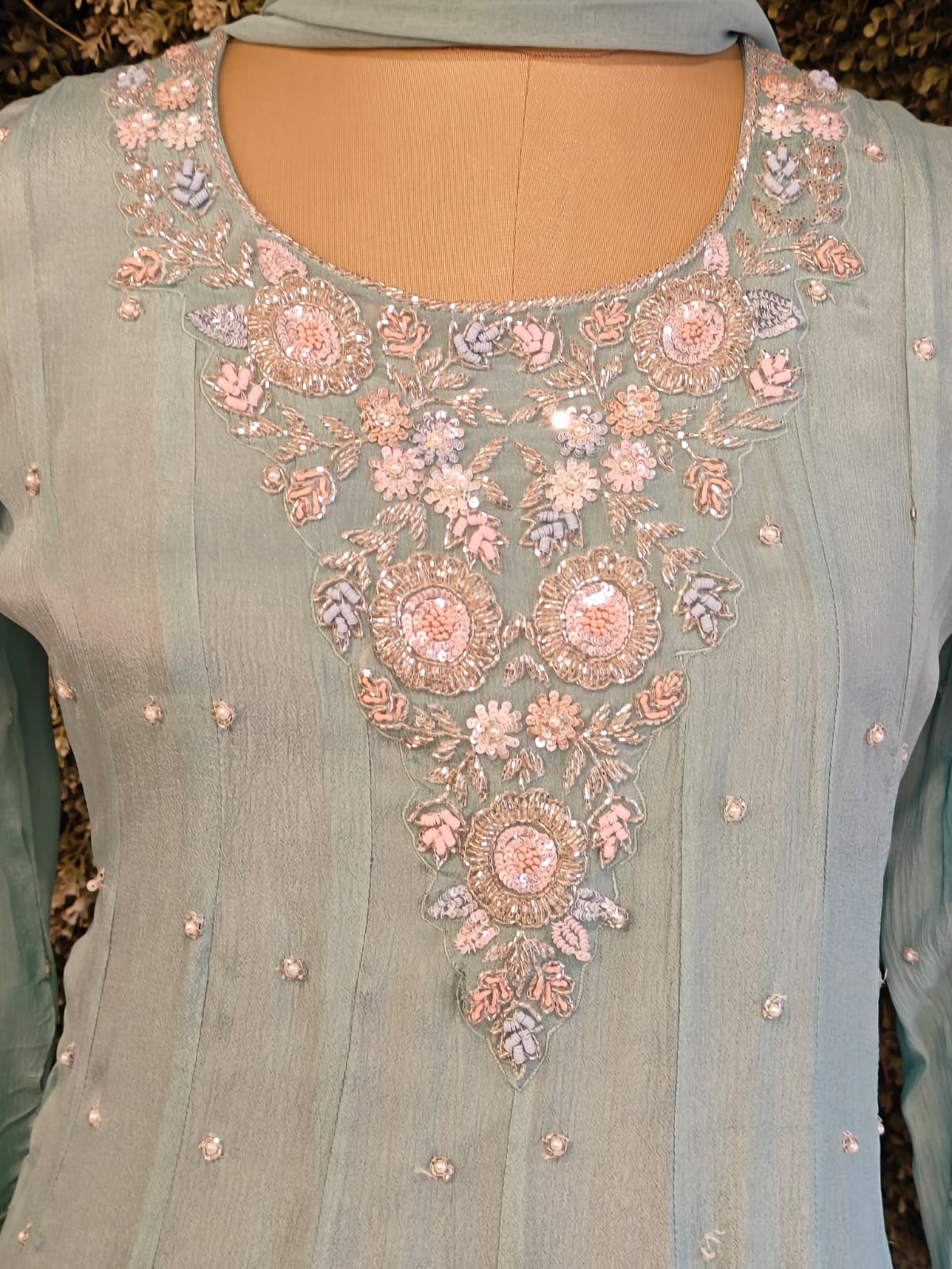 Blue Anarkali chinnon handwork party ware Kurtha 567