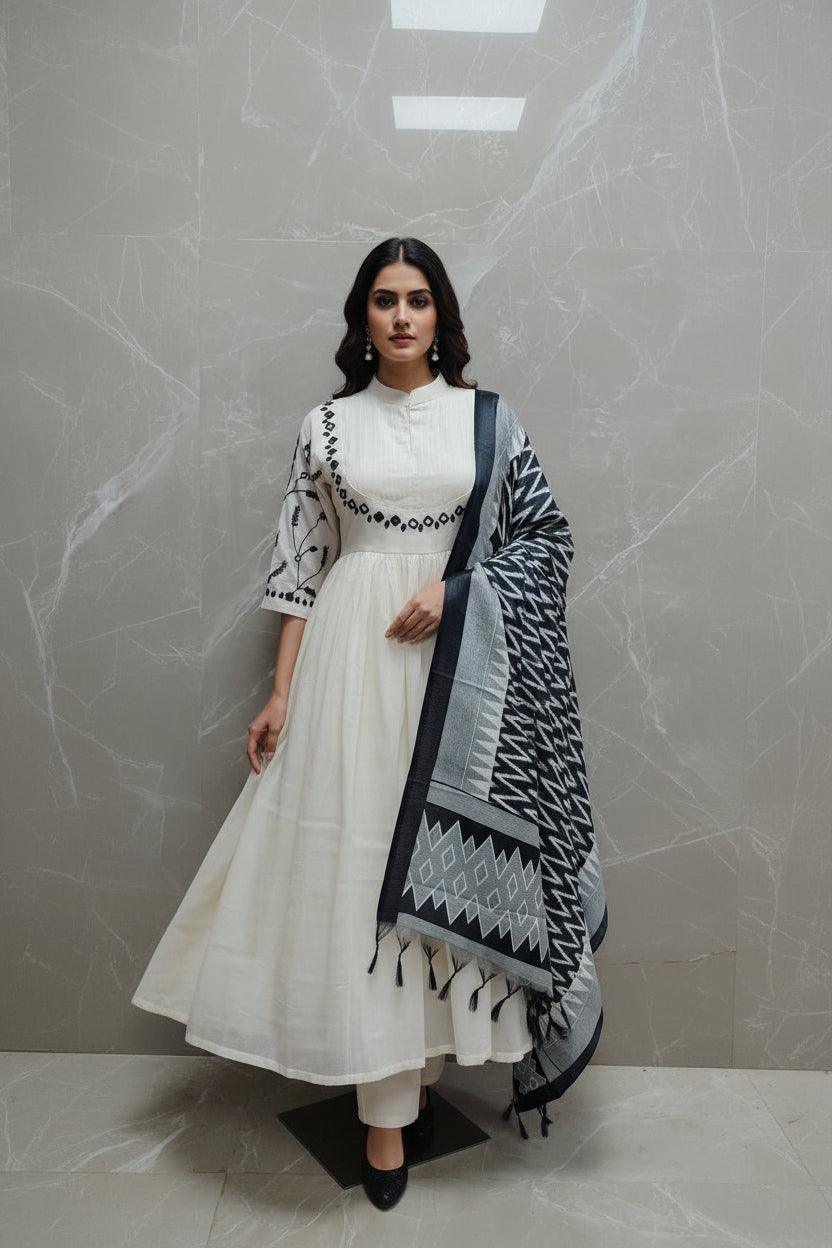 White Cotton Anarkali With Thread Work Kurtha