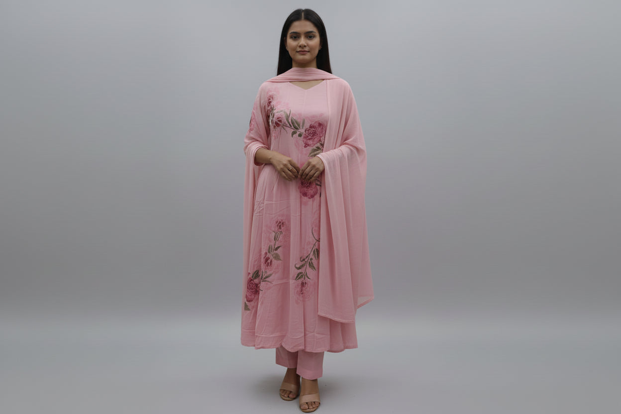 Pink Anarkali Chinnon Hand Embroidery Kurtha 765