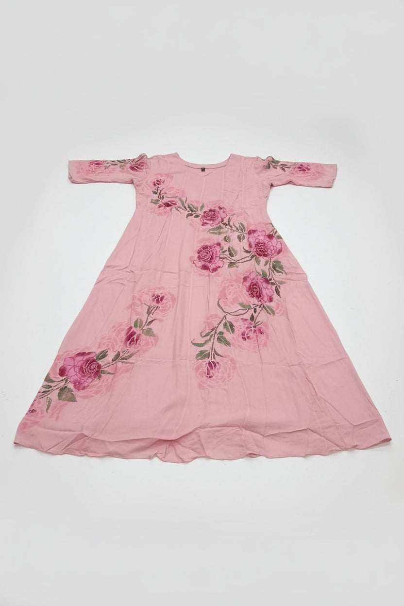 Pink Anarkali Chinnon Hand Embroidery Kurtha 765