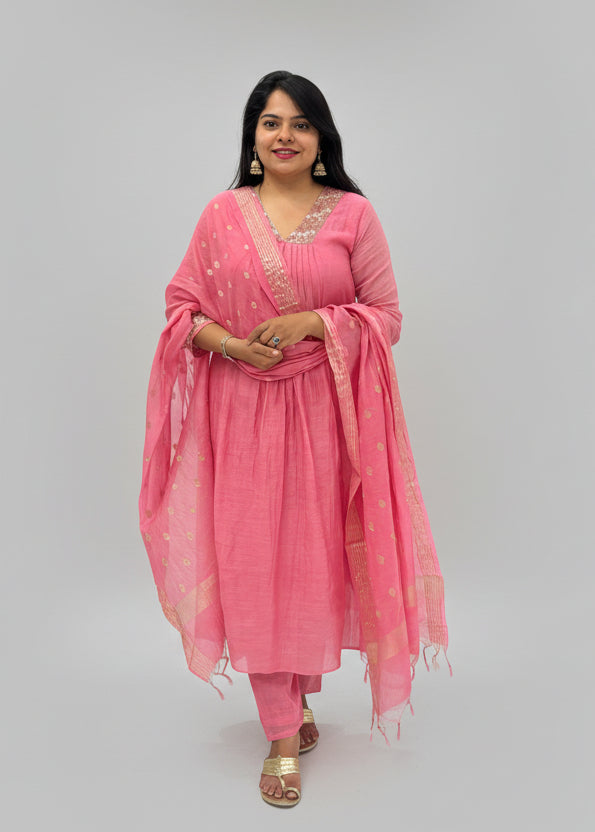 Baby Pink Mul Chanderi Hand Embroidery Airline Kurtha 324