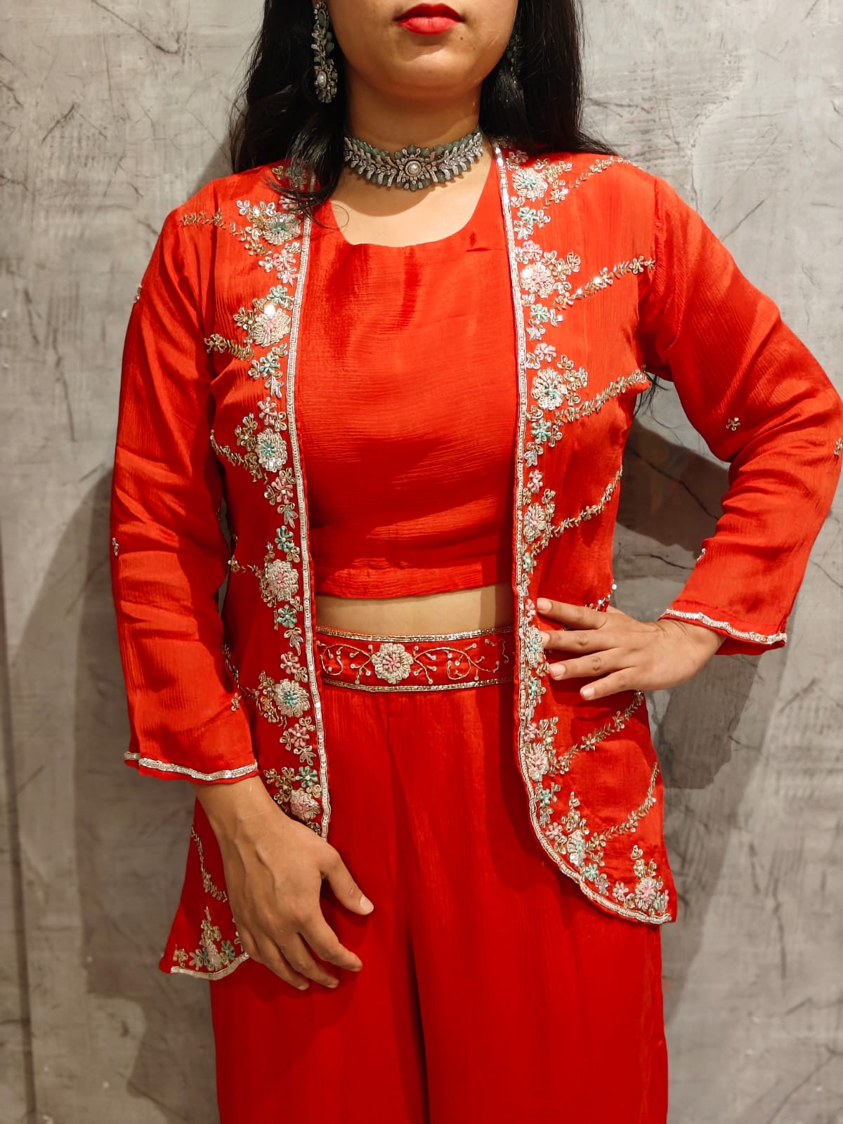 "PARI"  Orange Designer Kurtha 43 Set with Handwork Top and Palazoo and Cape IndoWesstern kurtha cape