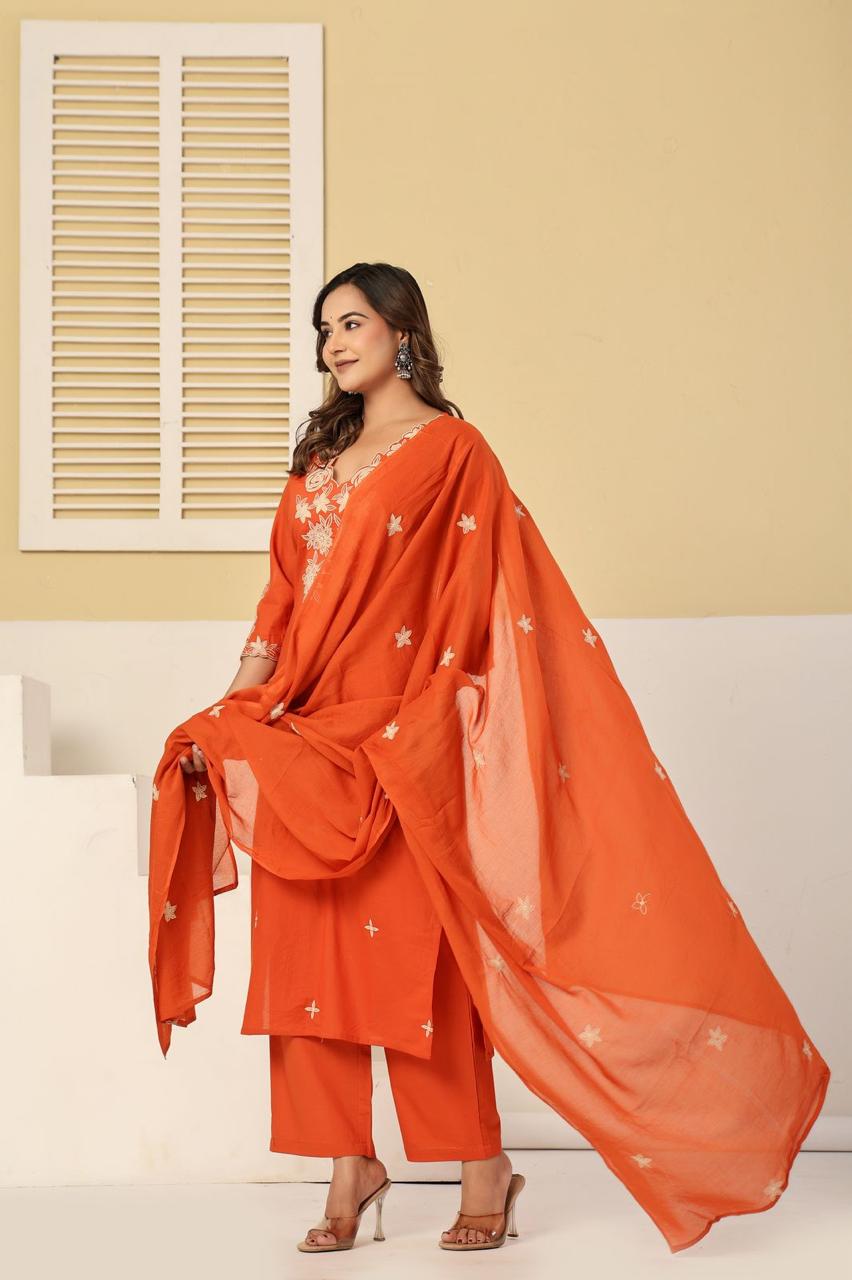 Orange Cotton Thread Embroidery Straight Fit pulse size Kurtha