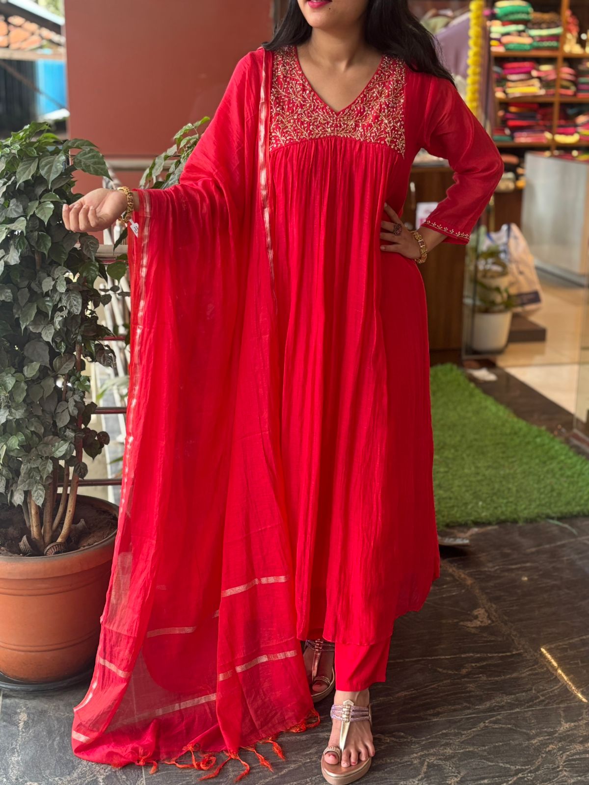 Red Mul Chanderi Hand Embroidery Airline Kurtha