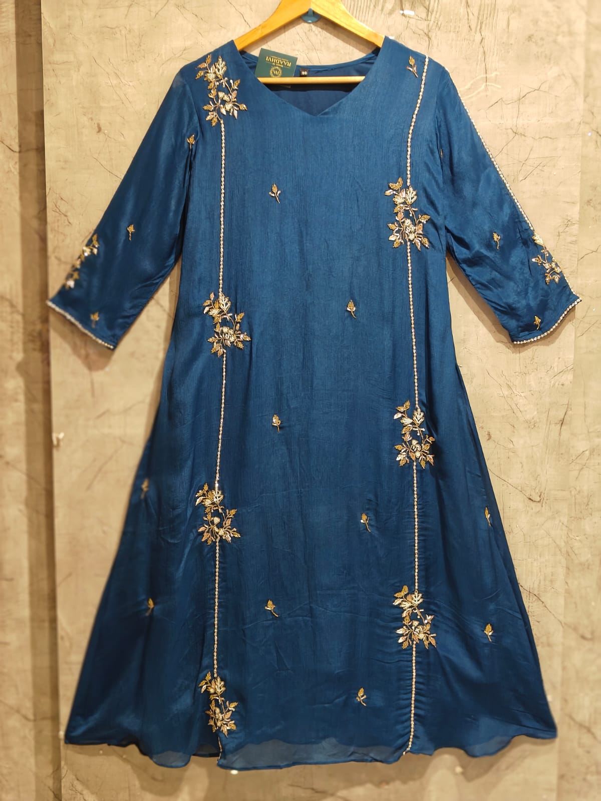 Dark Blue Chinnon Hand Embroidery Airline Kurtha 555