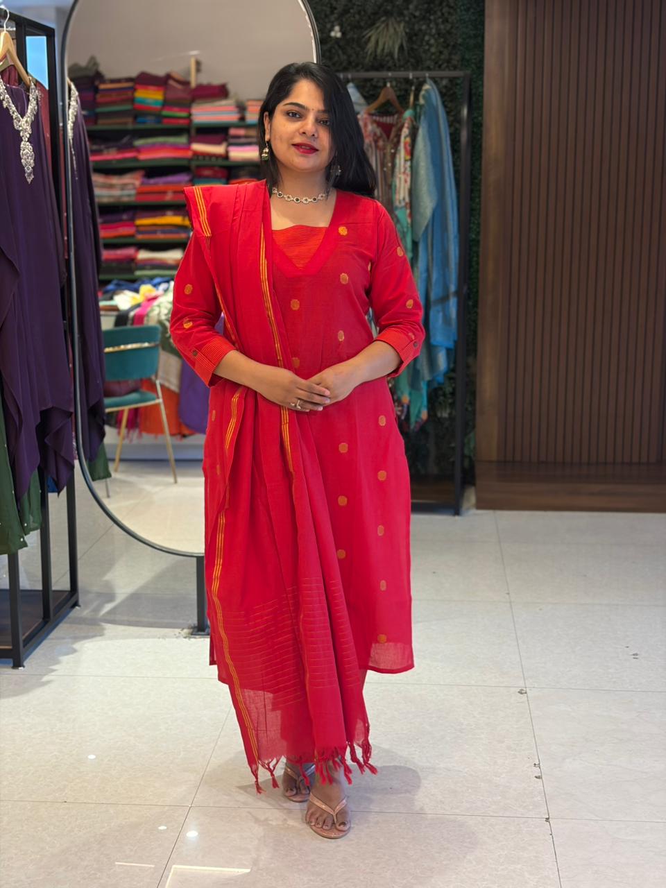 Red Cotton Straight Fit Gold Zari Butta Kurtha 721