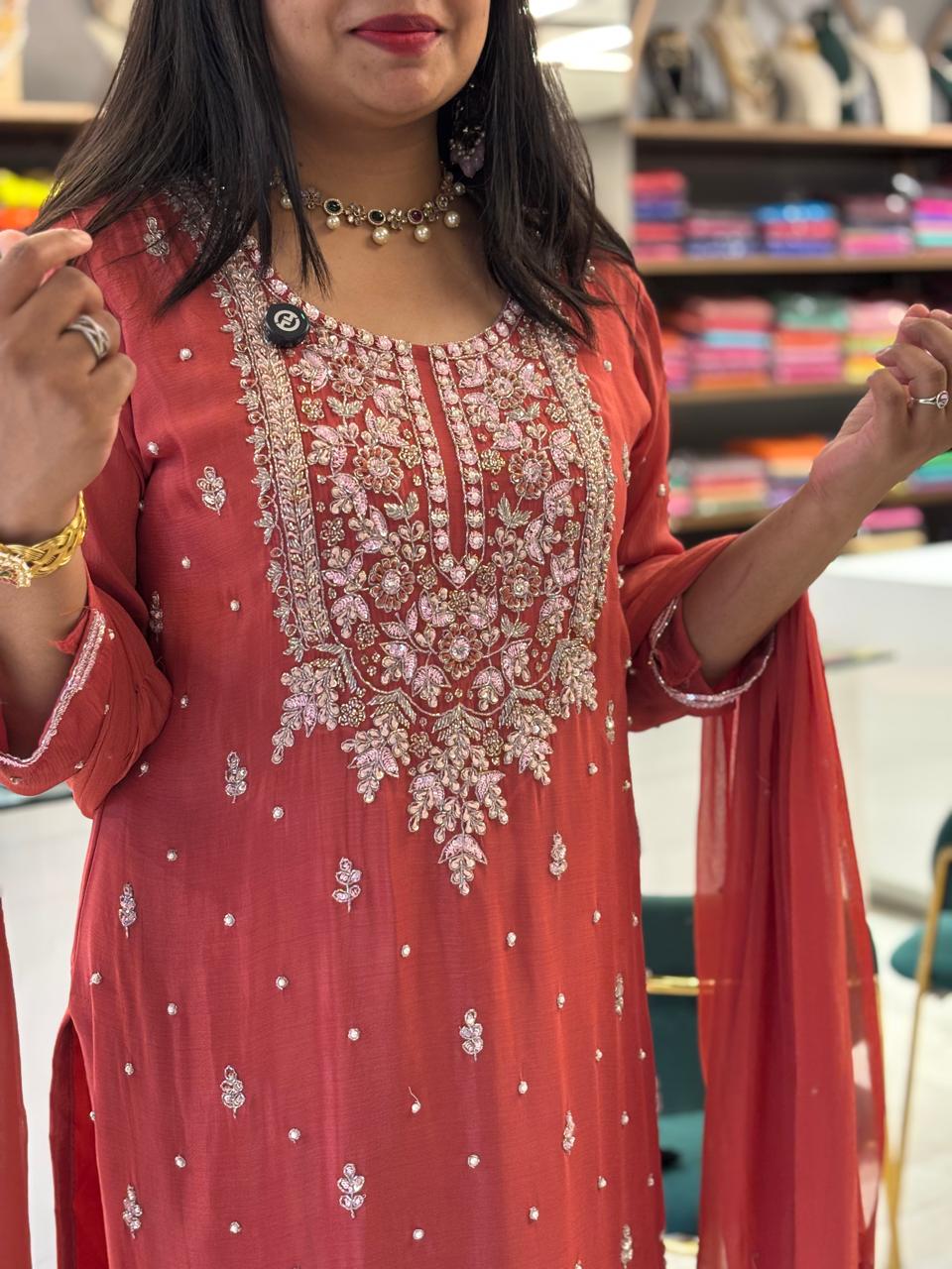 Rustic Orange Chinnon Hand Embroidery Sharara Kurtha 301