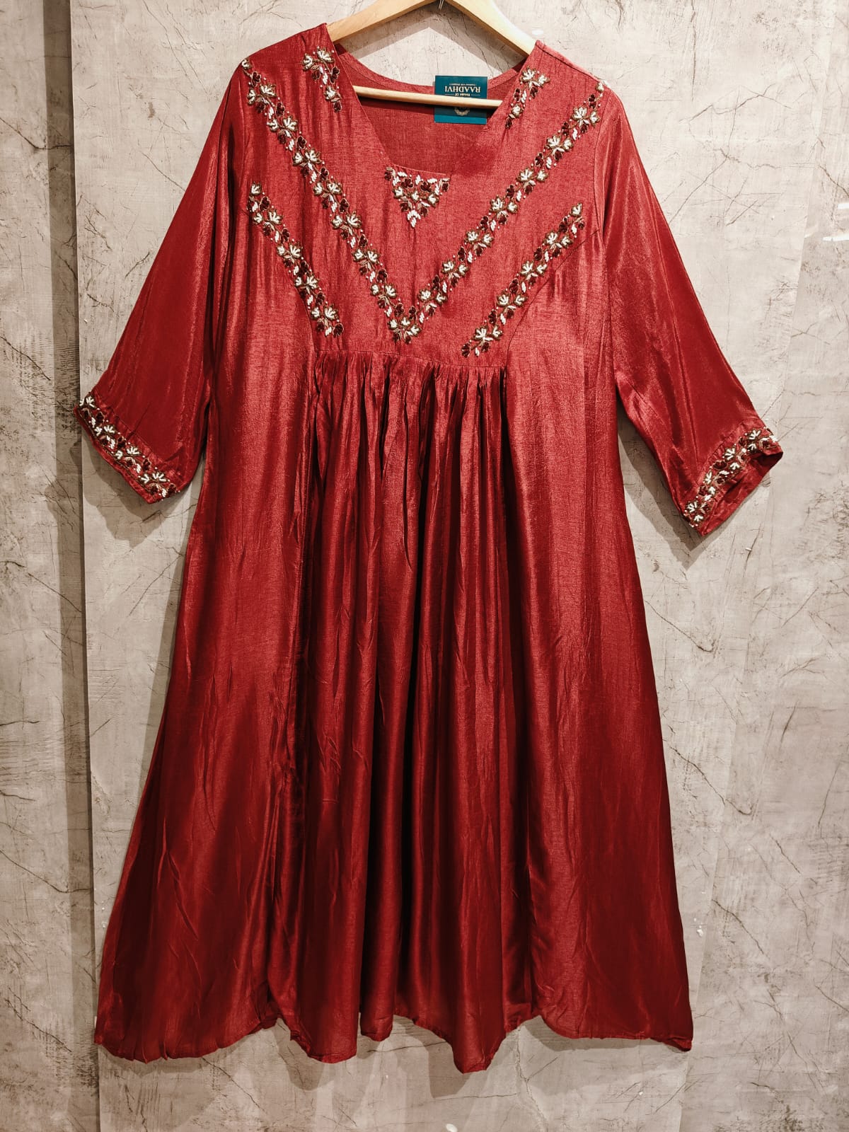 Maroon Mul Chanderi  Silk Anarkali Handwork Kurtha Set