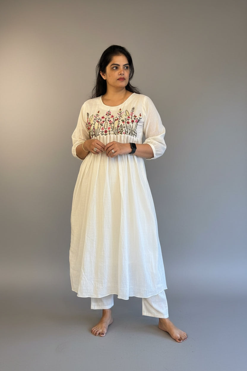 White Cotton Thread Embroidery Cord set  Kurtha 27