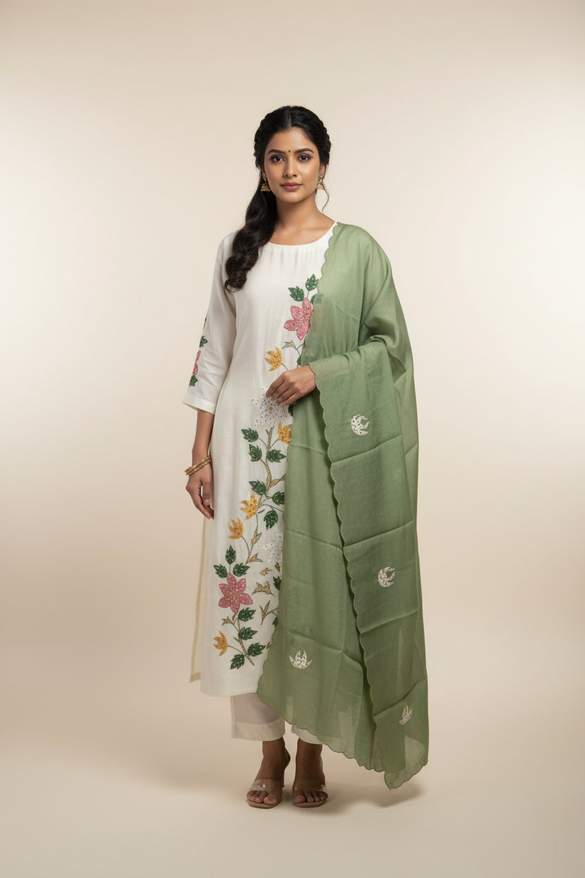 White and Green Dola Thread Embroiedry Straight Fit Kurtha 431