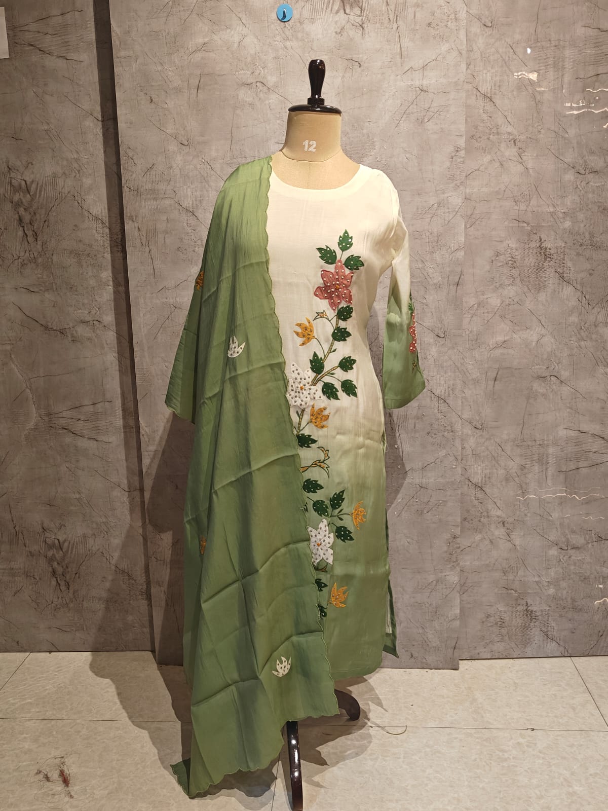 White and Green Dola Thread Embroiedry Straight Fit Kurtha 431