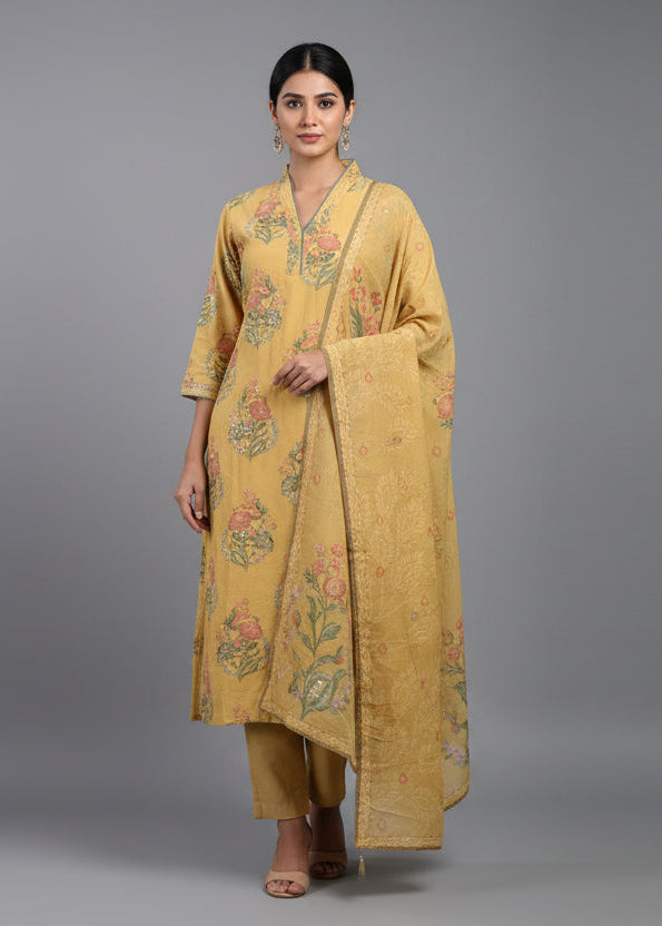 Yellow  Cotton Block Print Straight Fit Plus Size Kurtha