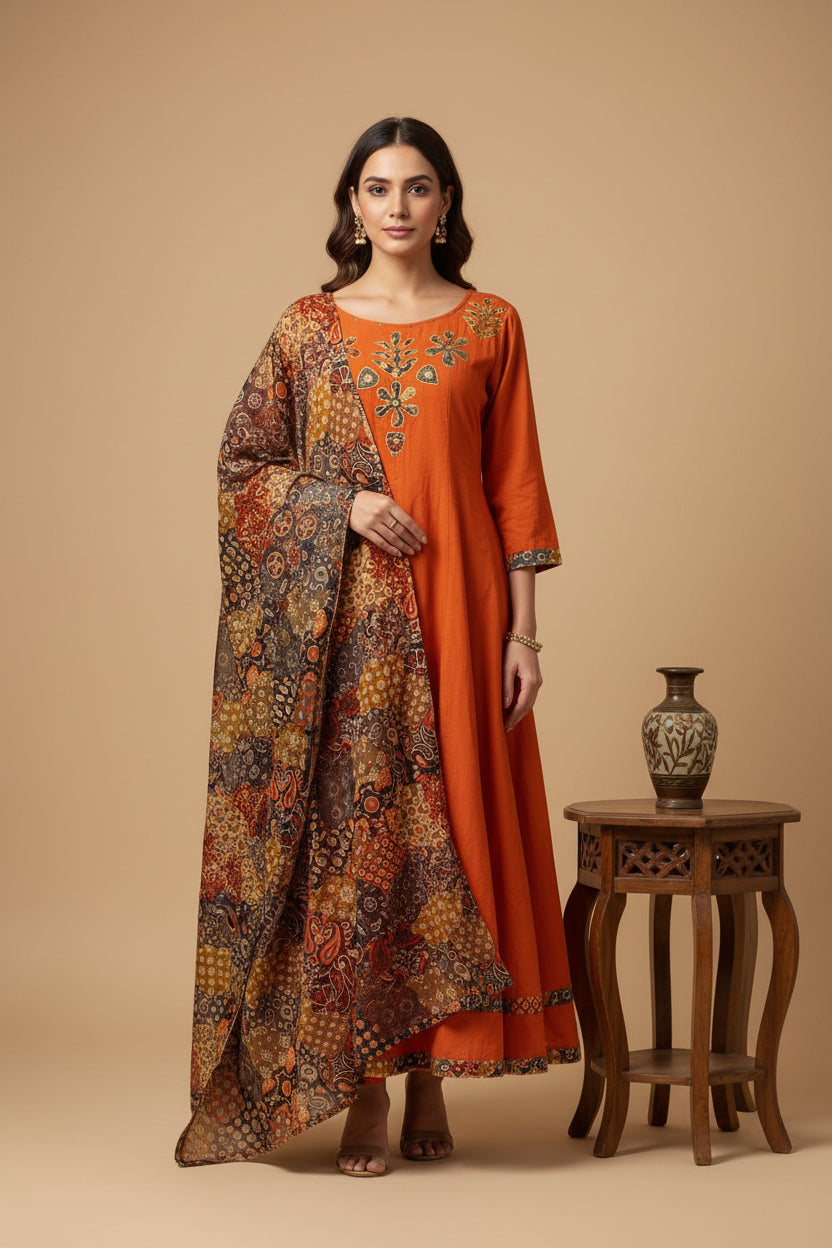 Orange Cotton Hand Embroidery ANRAKALI Kurtha 389