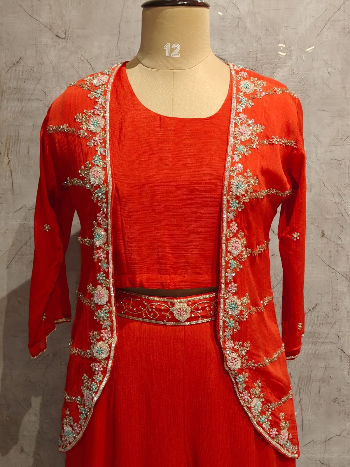 “Pari" Orange Designer Kurtha 43 Set with Handwork Top, Palazzo and Jacket Indo-western