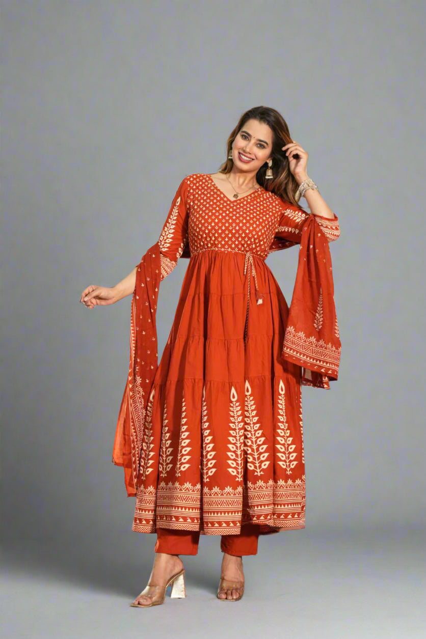 "Naya" Orange Mul Cotton Block Print  Anarkali Kurtha 100