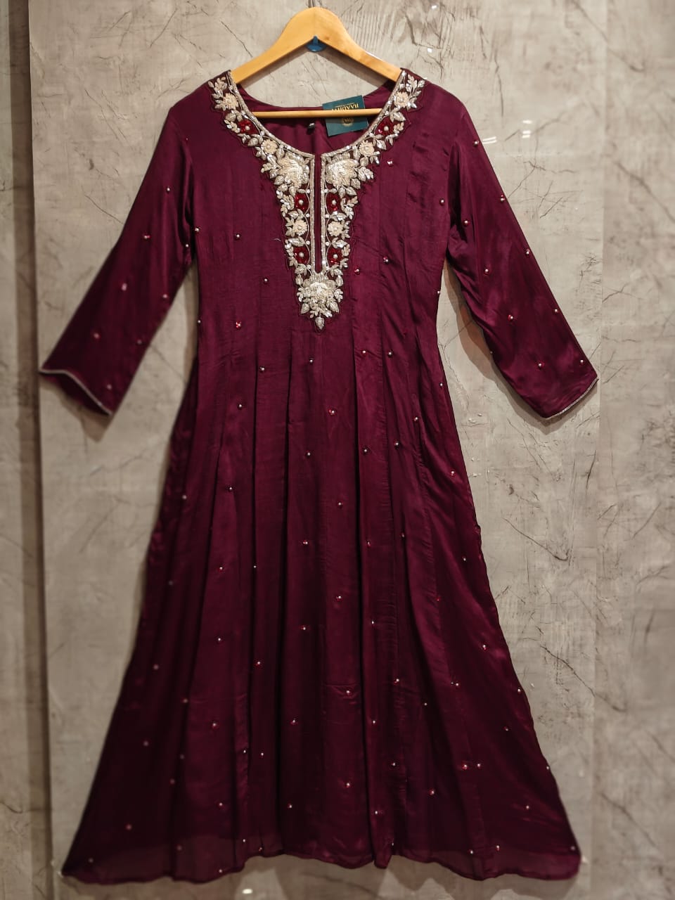 Purple Anarkali Chinnon Hand Embroidery Kurtha 567