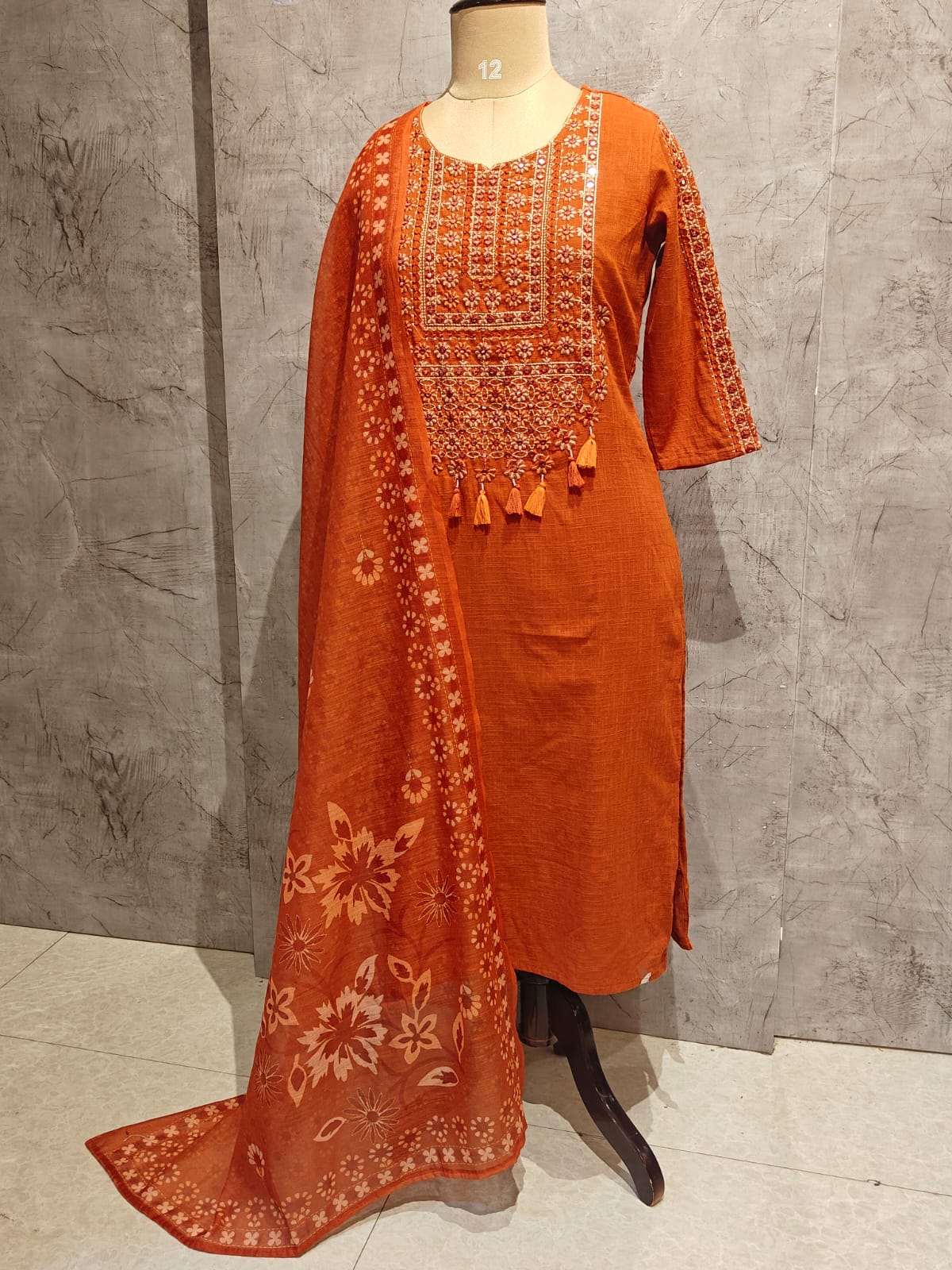 Orange Lenin Thread Embroidery Straight Fit Kurtha