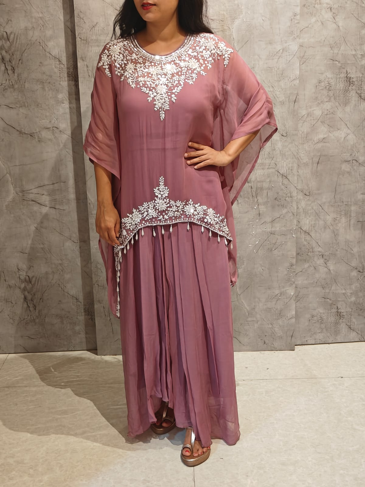 “Kafthan" Onion Pink   handwork party ware Kafthan Kurtha set