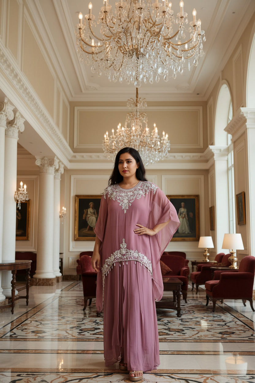 “Kafthan" Onion Pink   handwork party ware Kafthan Kurtha set