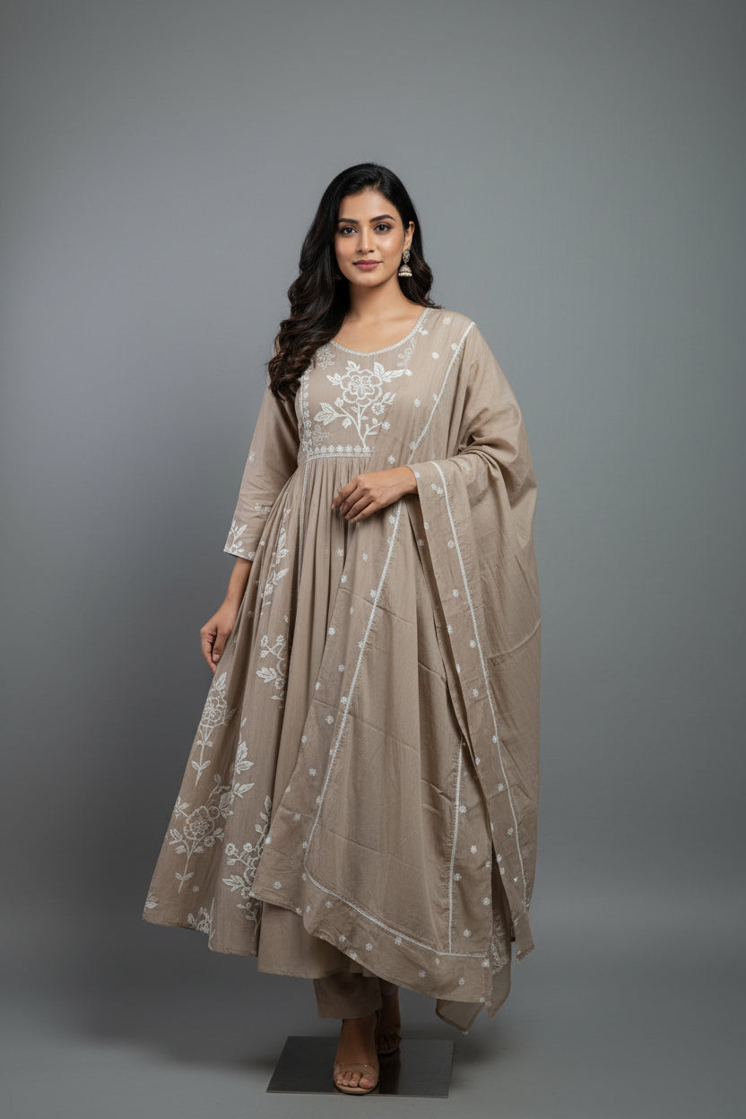 Grey Cotton Hand Embroidery Airline Kurtha 471
