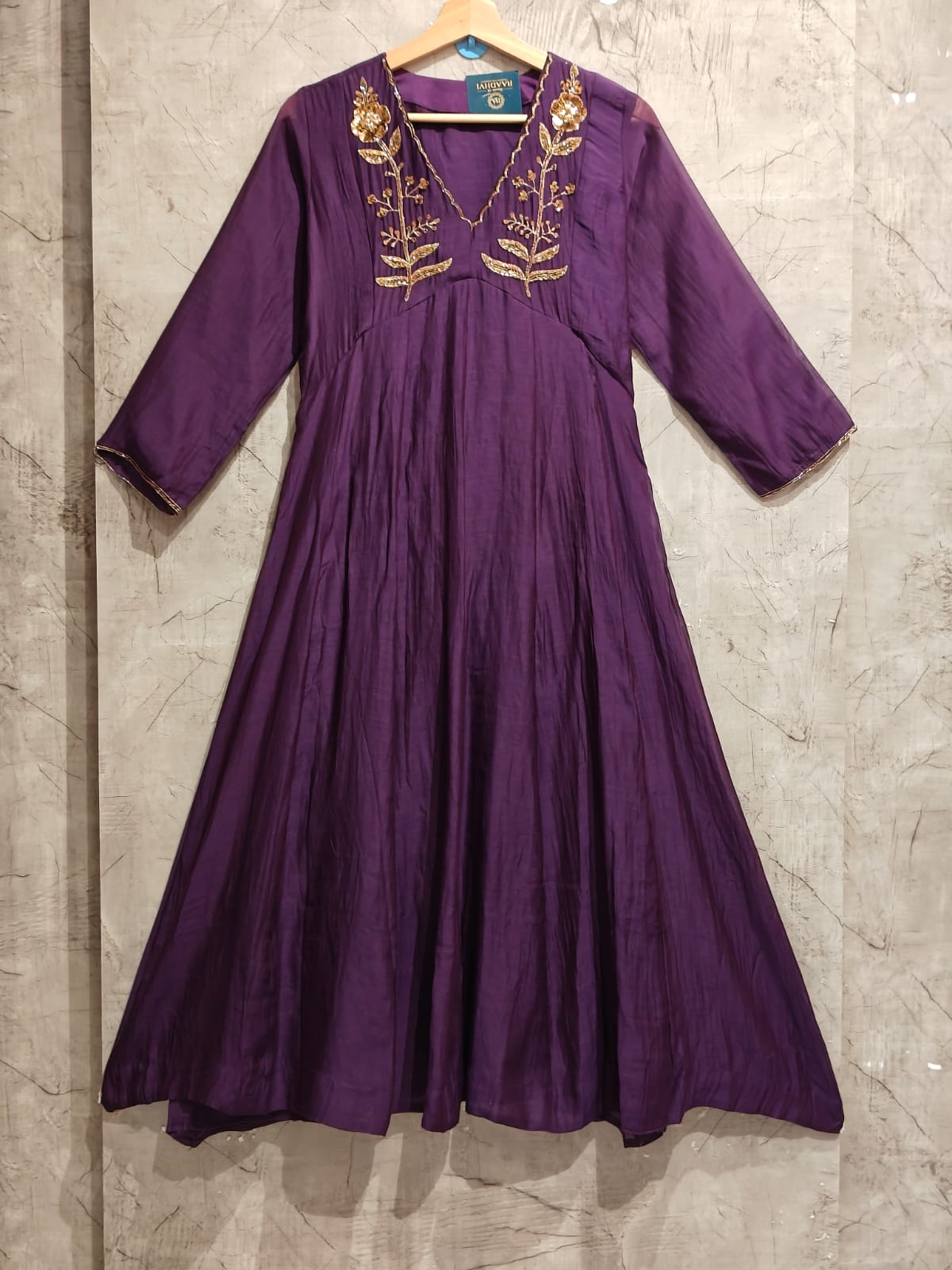 “Pani" Purple 333 Alia cut Mul Chanderi silk Anarkali Kurtha suit with hand embroidery