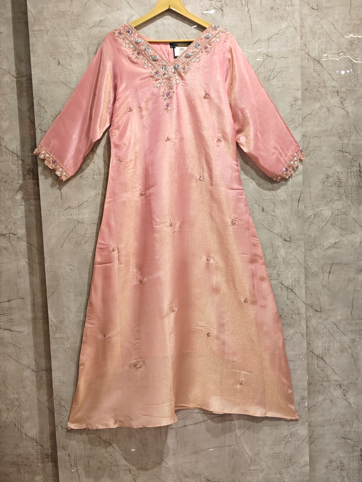 "Chandini" Baby Pink shimmer Kurtha set with hand embroidery, organza dupatta