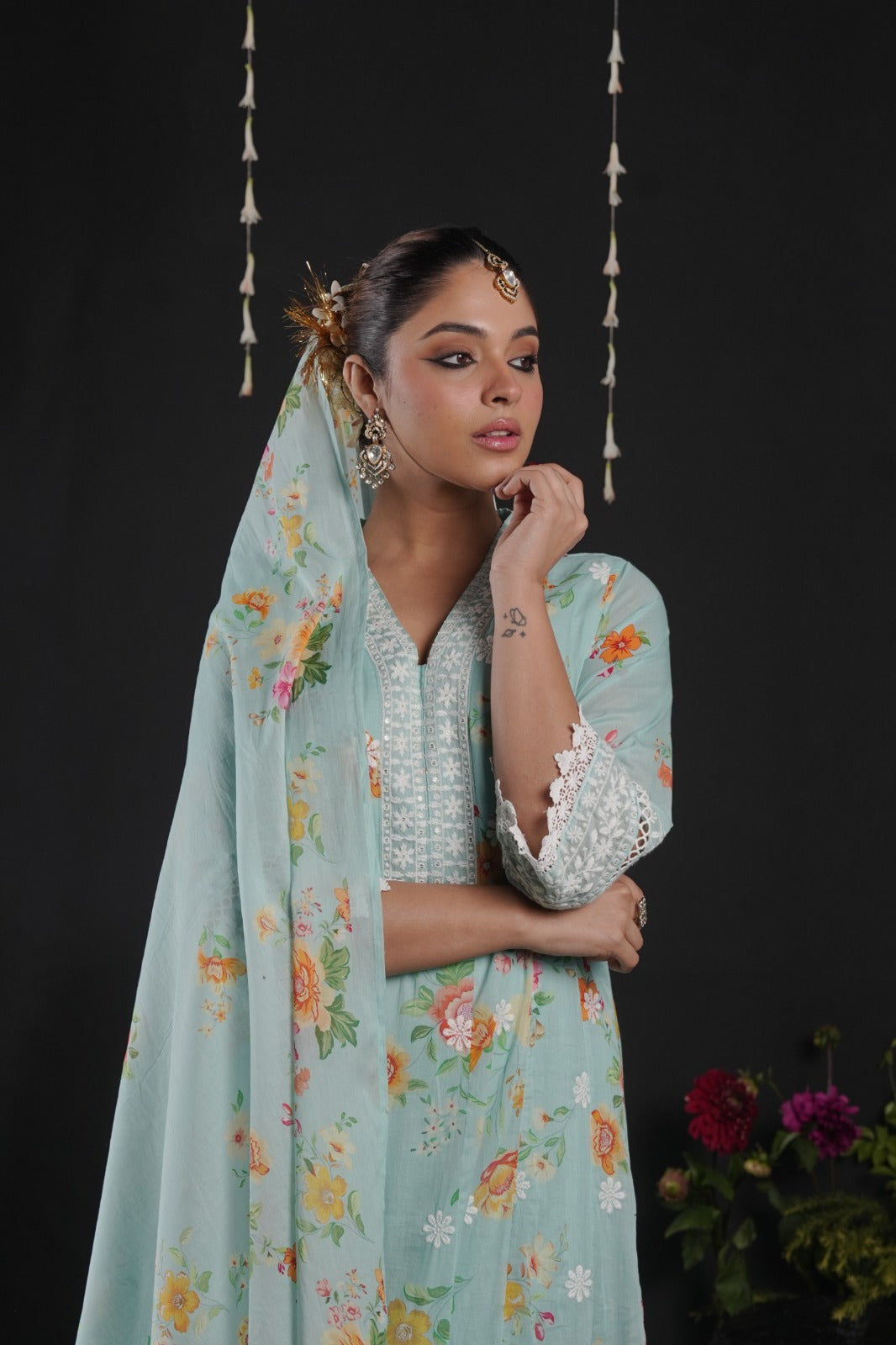 Blue Cotton Thread Work Anarkali Kurtha 742