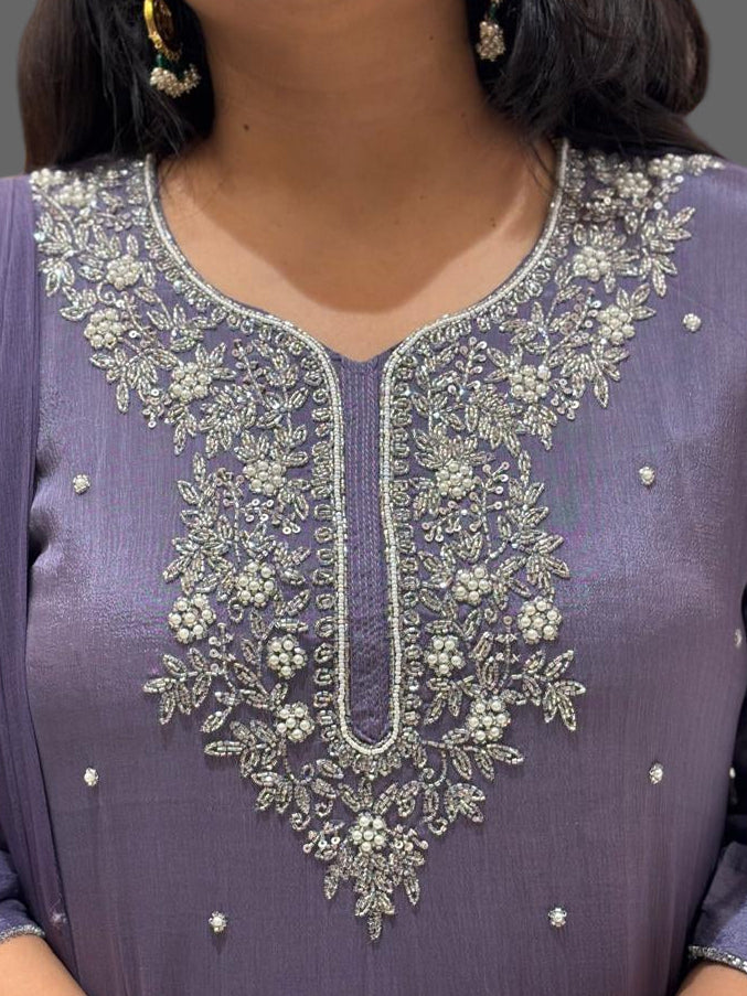 Purple Chinnon Hand Embroidery Sharara Kurtha 301