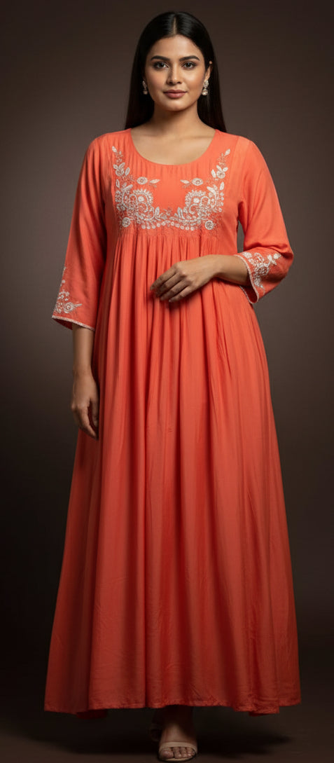 Orange Mul Chanderi Thread Embroidery Anarkali Kurtha