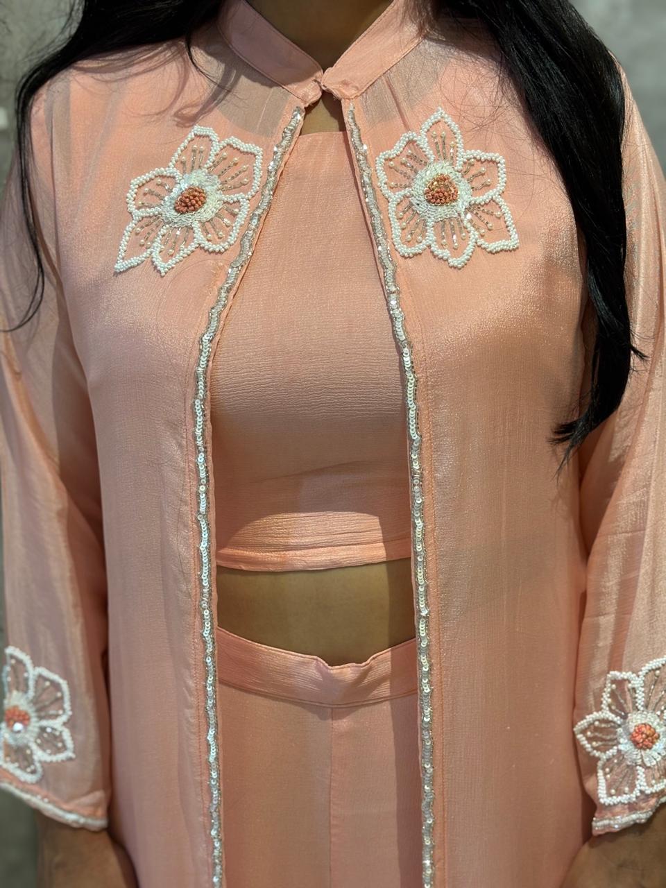 "PARI"  Peach Designer Kurtha 43 Set with Handwork Top, Palazoo and Jacket Indo-western cape