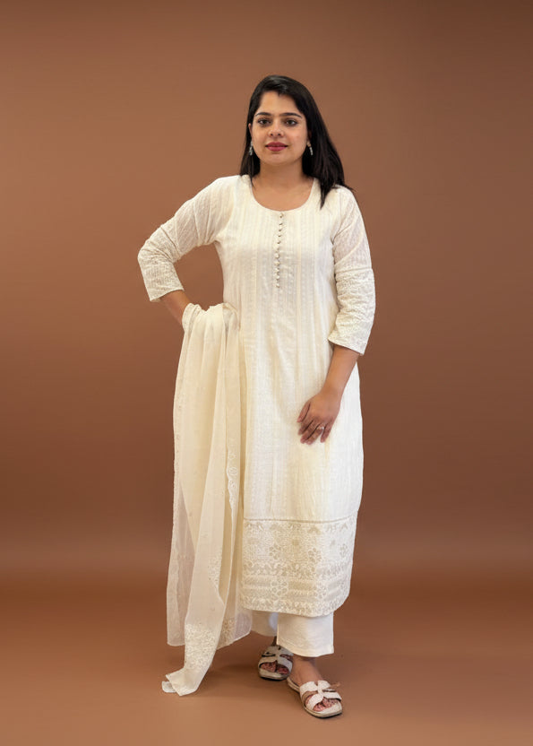 "WHITE" cotton thread embroidery Anarkali Kurtha 929
