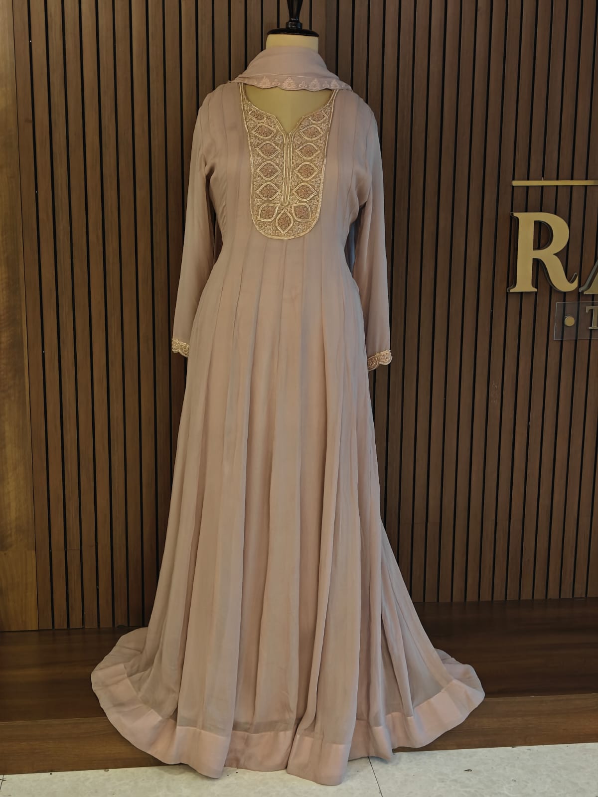 Onion Pink Chinnon Hand Embroidery Gown Kurtha 567