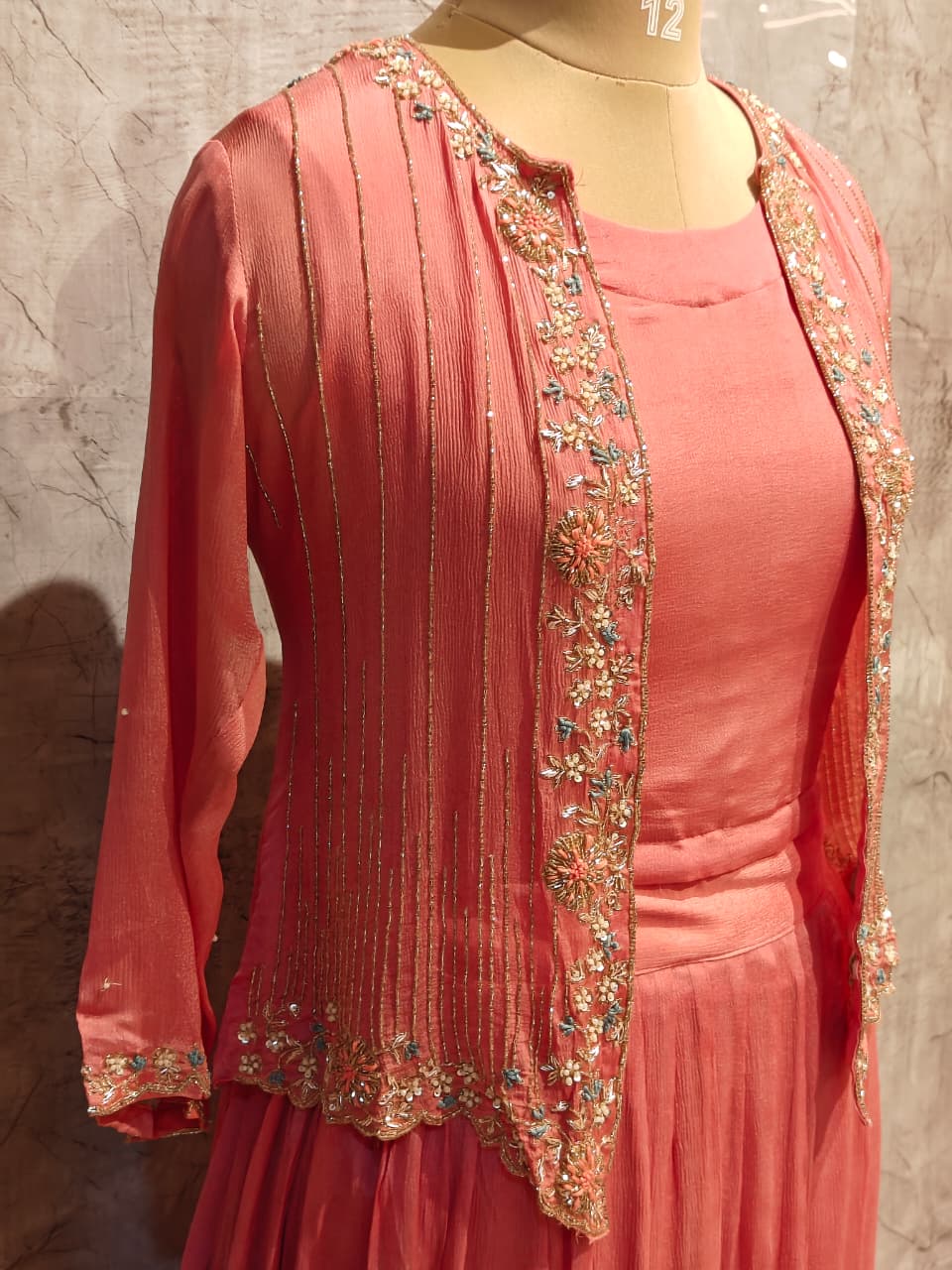 “Pari" Pink Designer Kurtha 43 Set with Handwork Top, Skirt and Jacket Indo-western