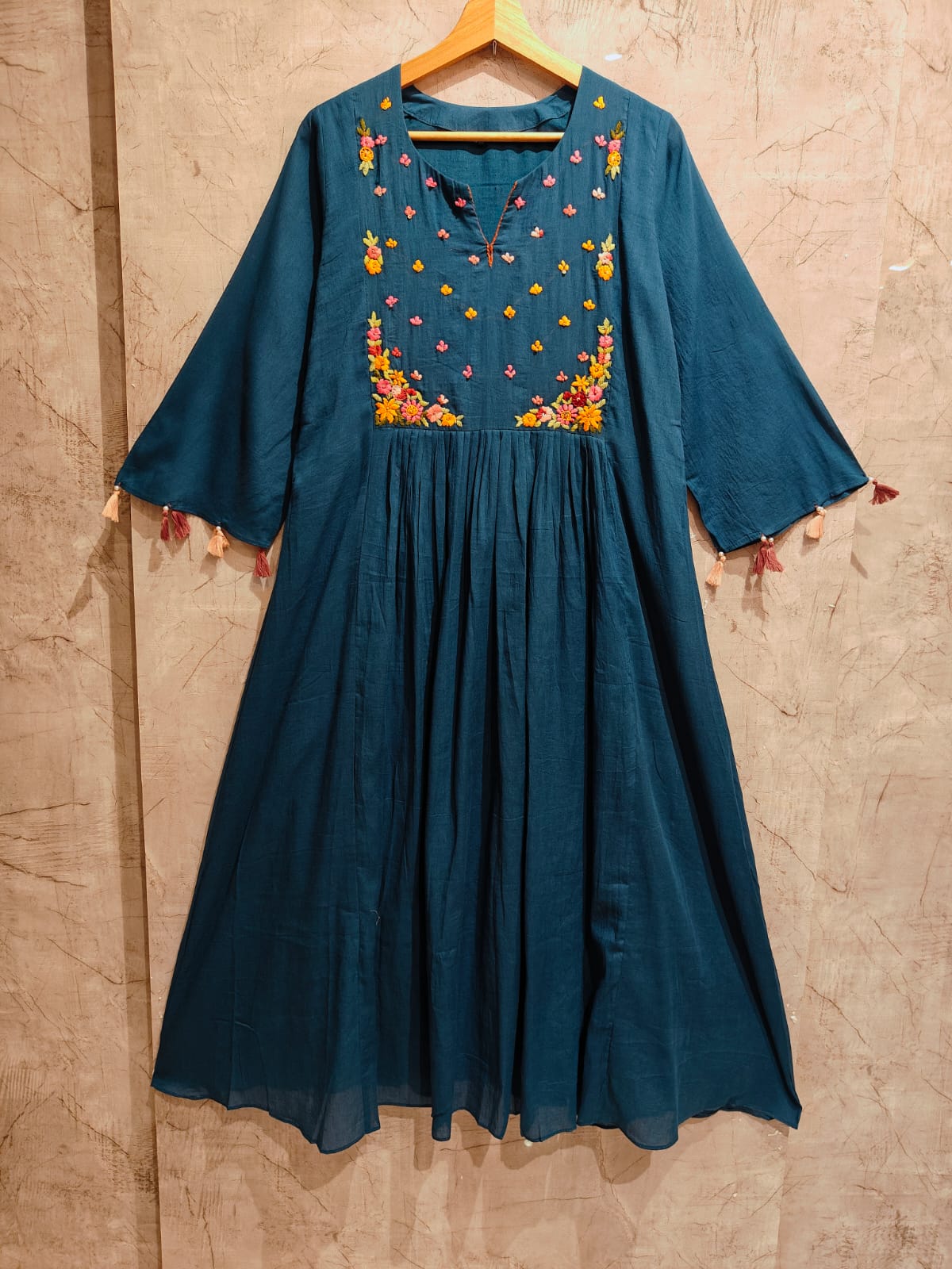 Royal Blue  Mul Chanderi Silk Anarkali Handwork Kurtha Set