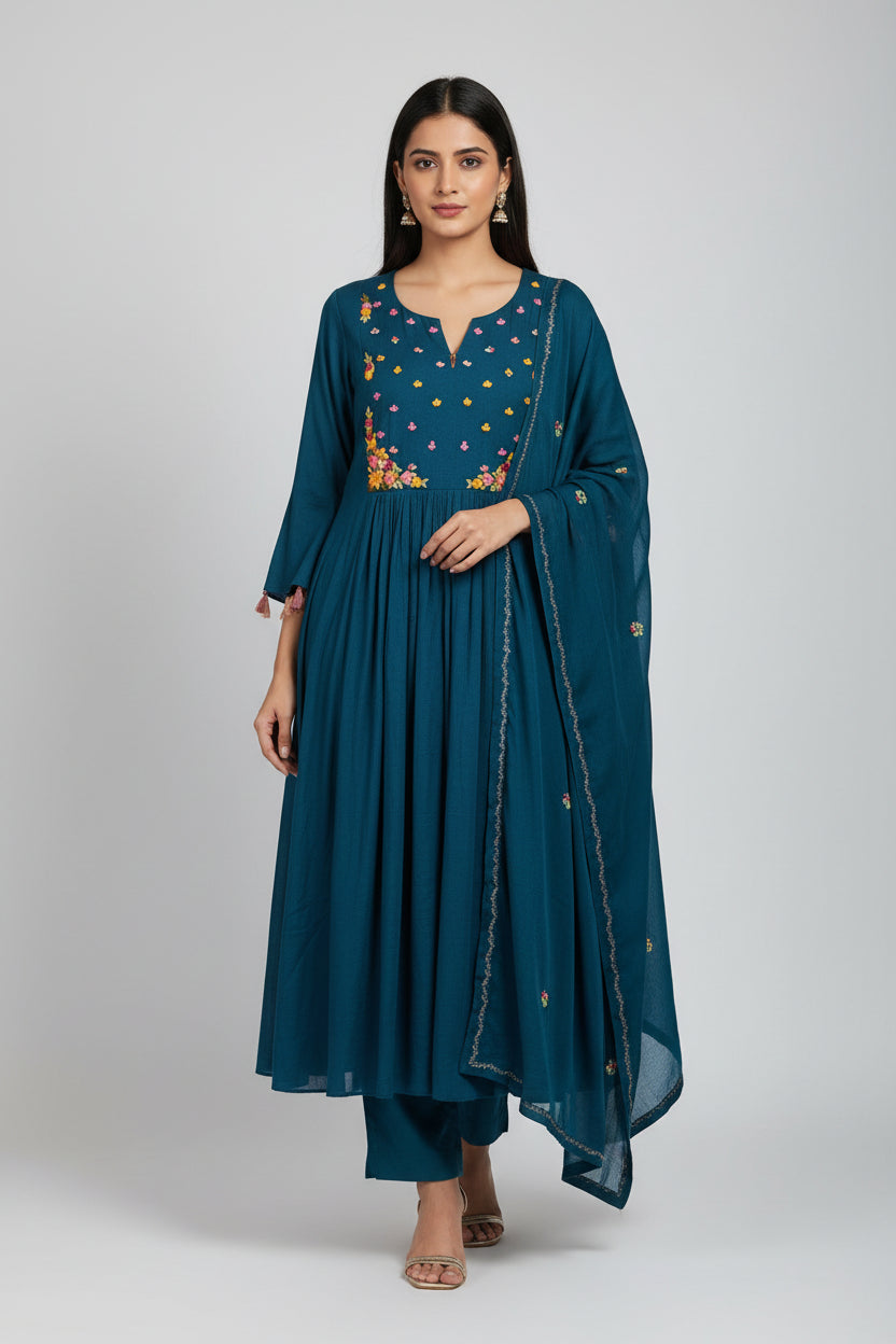 Royal Blue  Mul Chanderi Silk Anarkali Handwork Kurtha Set