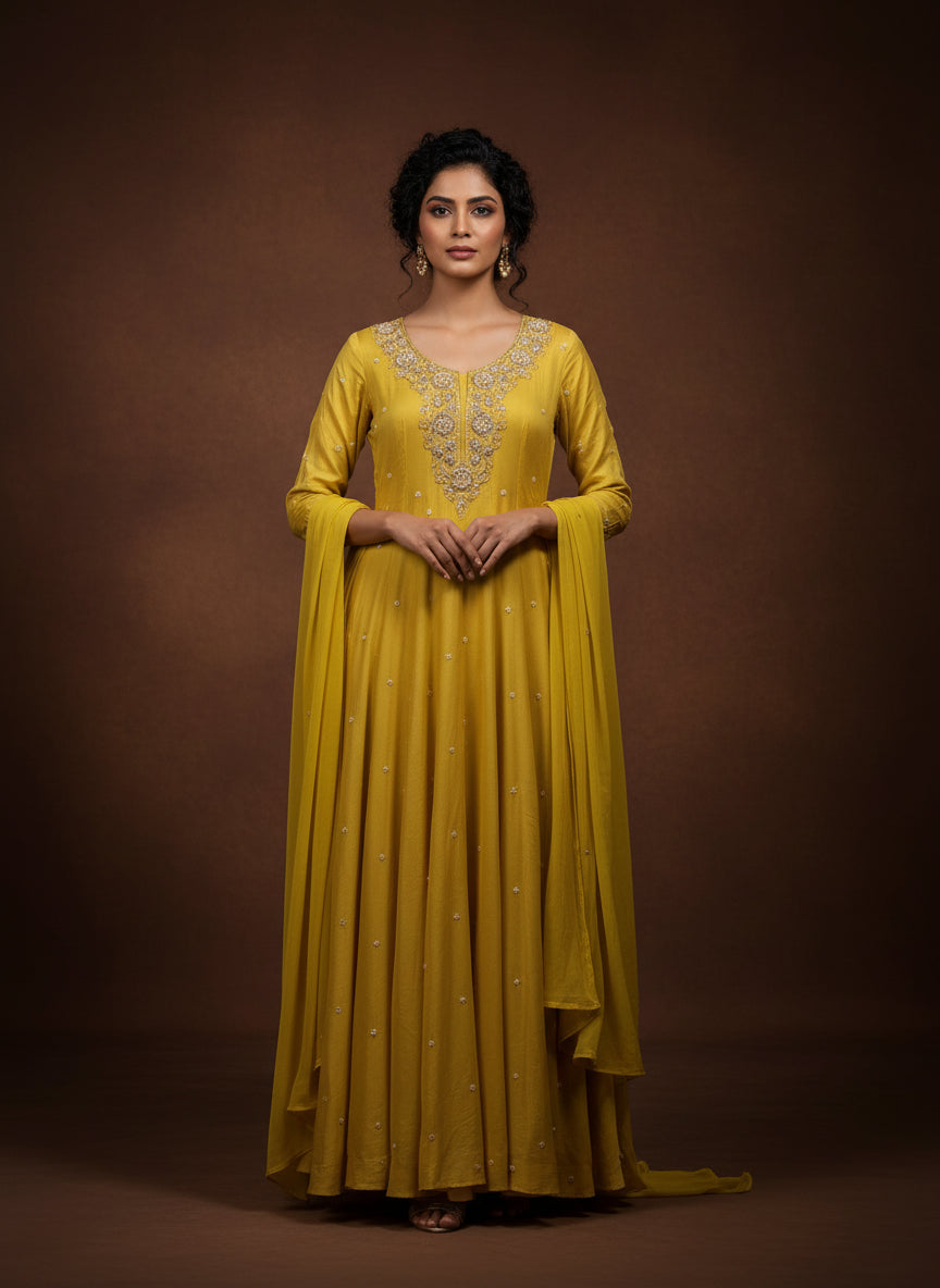 Yellow Anarkali Chinnon Hand Embroidery Kurtha 567