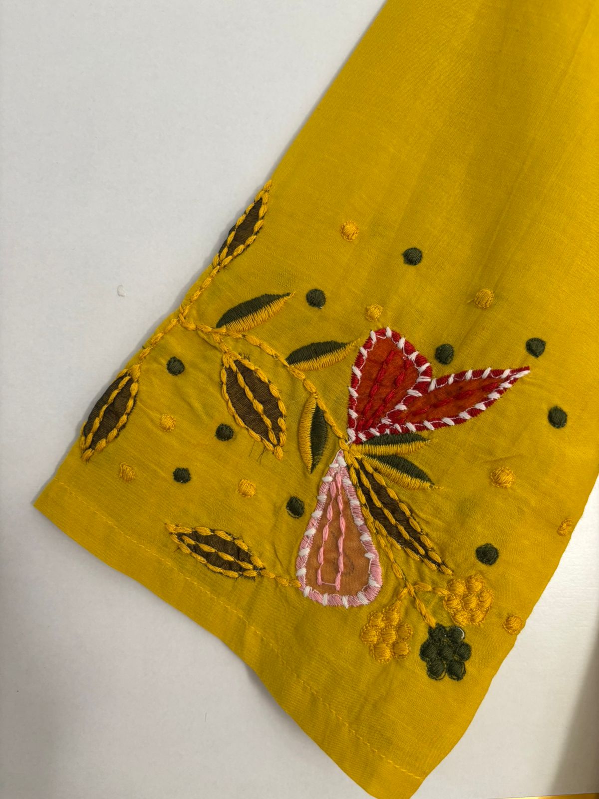 Yellow Mul Chanderi Thread Embroidery Airline Kurtha 483